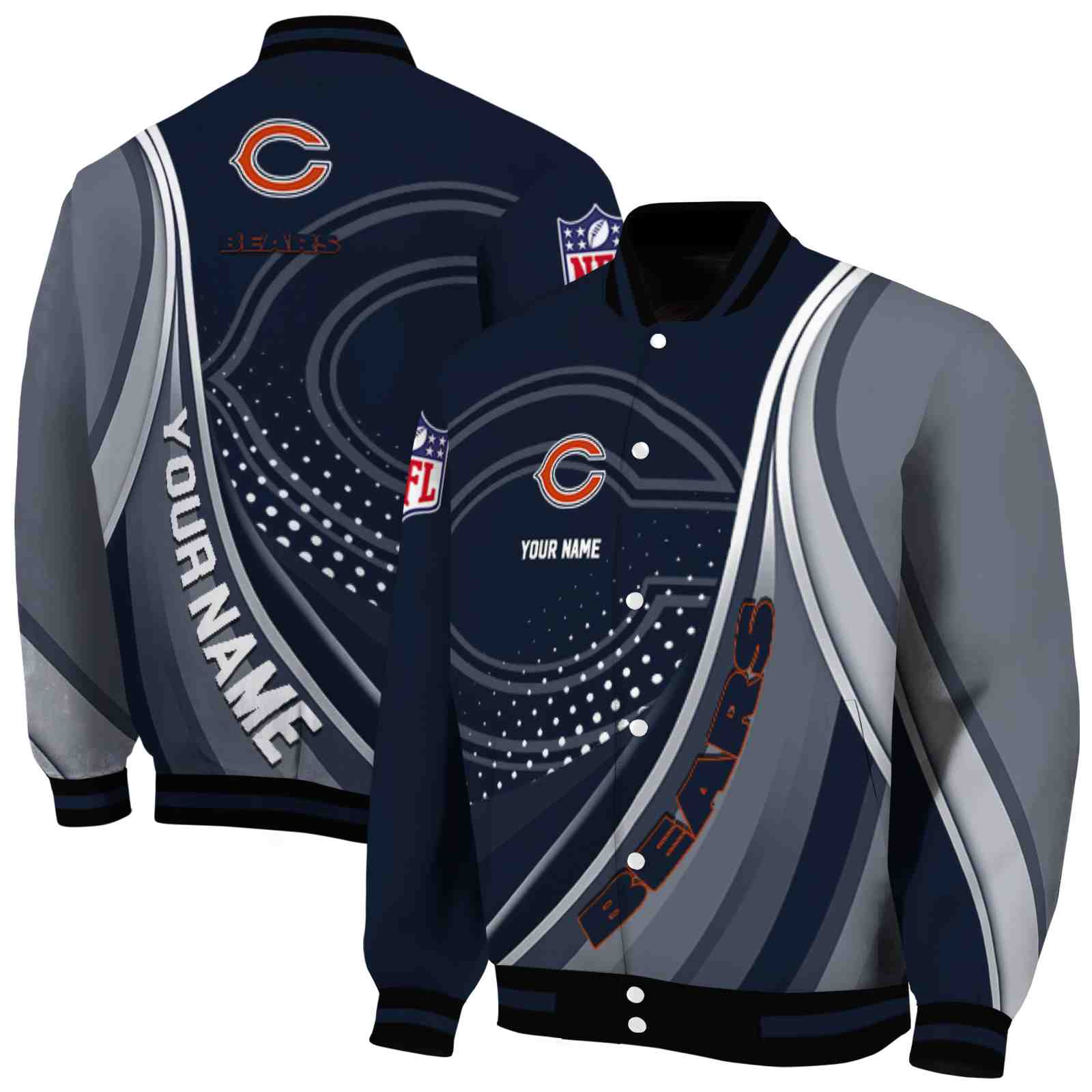 NFL Chicago Bears Wave Patterns Blue Custom Baseball Jacket Sport Fans Gear