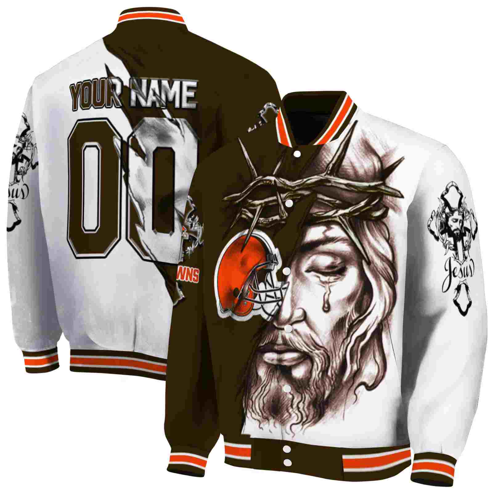 NFL Cleveland Browns Jesus Tears Brown White Custom Baseball Jacket Sport Fans Gear