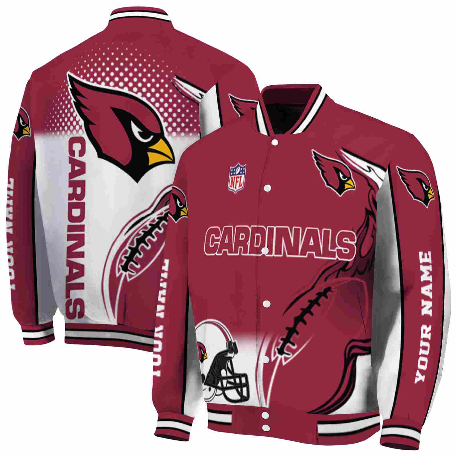 NFL Customized Arizona Cardinals Flaming Football Red White Custom Baseball Jacket Sport Fans Gear