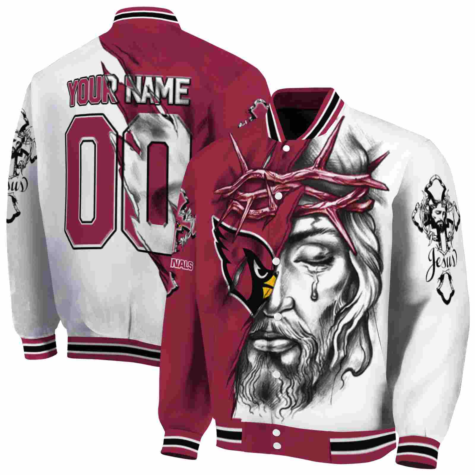 NFL Customized Arizona Cardinals Jesus Tears Red White Custom Baseball Jacket Sport Fans Gear