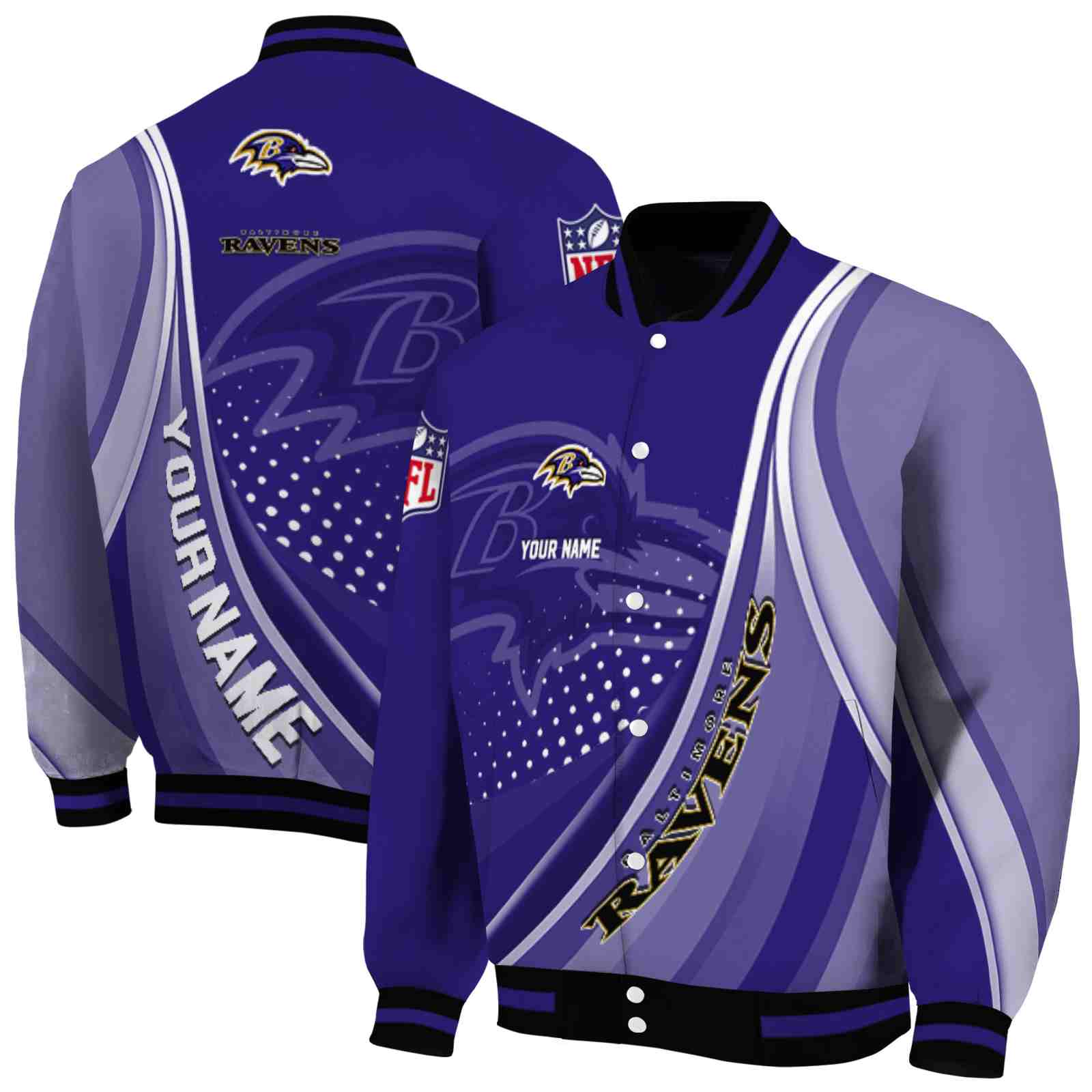 NFL Customized Baltimore Ravens Wave Patterns Purple Custom Baseball Jacket Sport Fans Gear