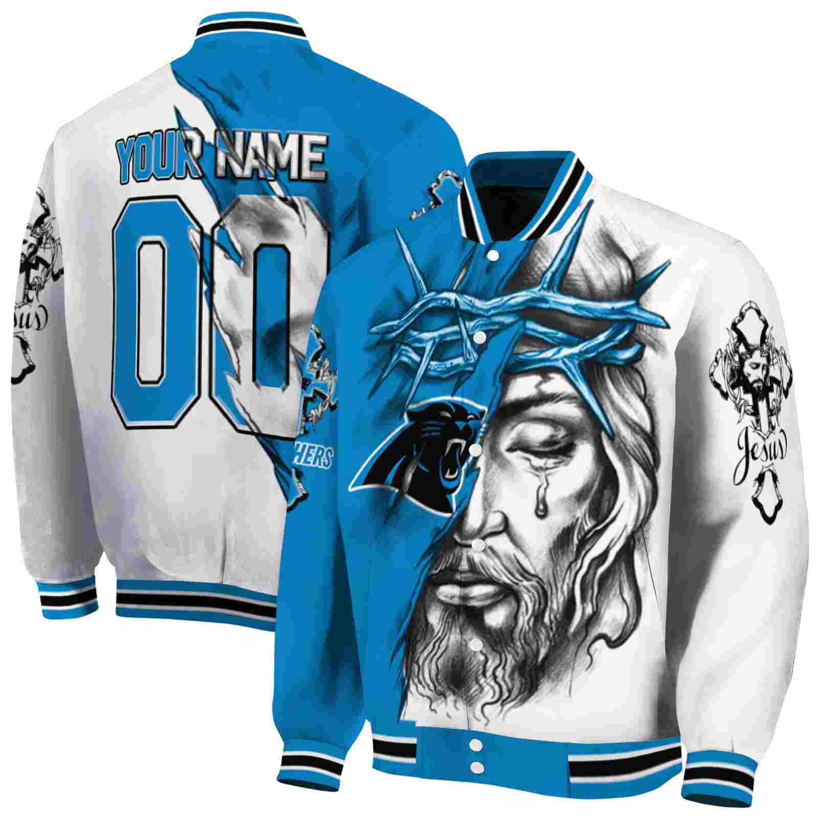 NFL Customized Carolina Panthers Jesus Tears Blue White Custom Baseball Jacket Sport Fans Gear