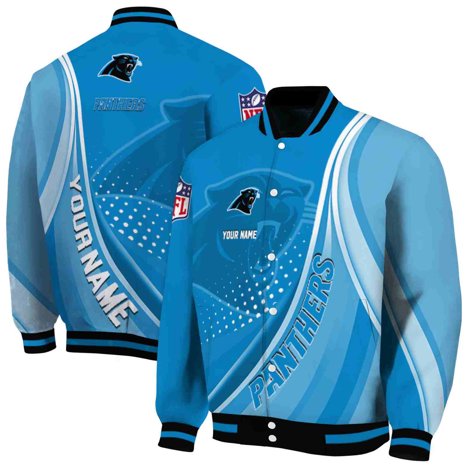 NFL Customized Carolina Panthers Wave Patterns Blue Custom Baseball Jacket Sport Fans Gear