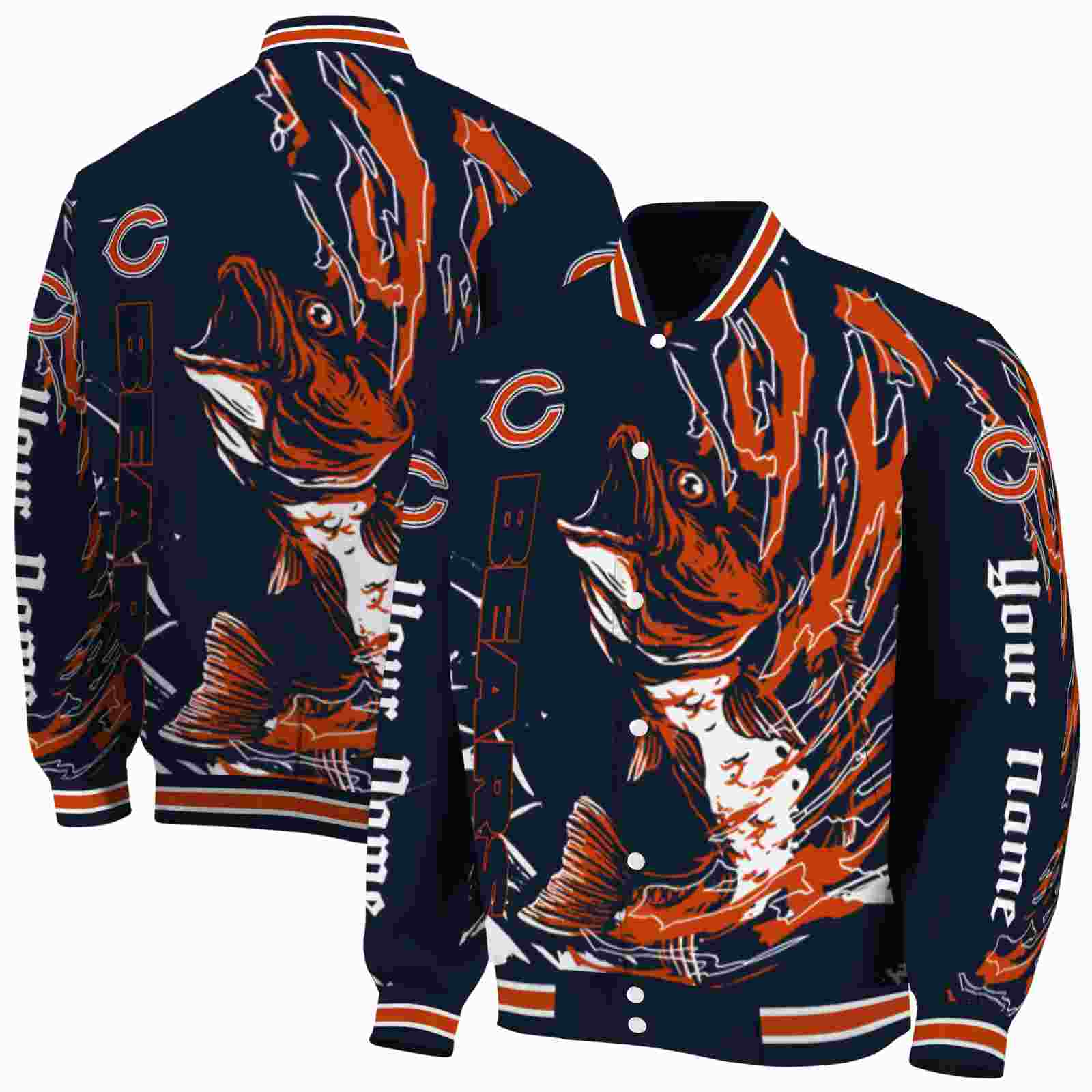 NFL Customized Chicago Bears Fishing Passion Blue White Custom Baseball Jacket Sport Fans Gear