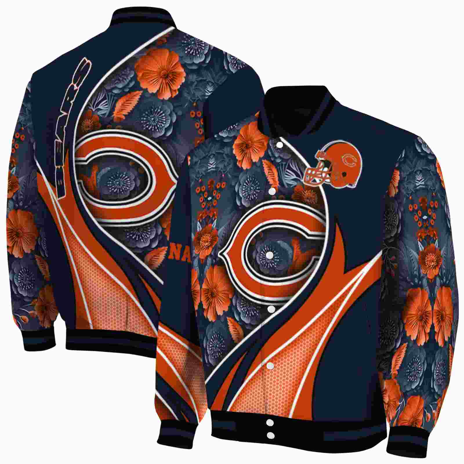 NFL Customized Chicago Bears Floral Print Blue Custom Baseball Jacket Sport Fans Gear