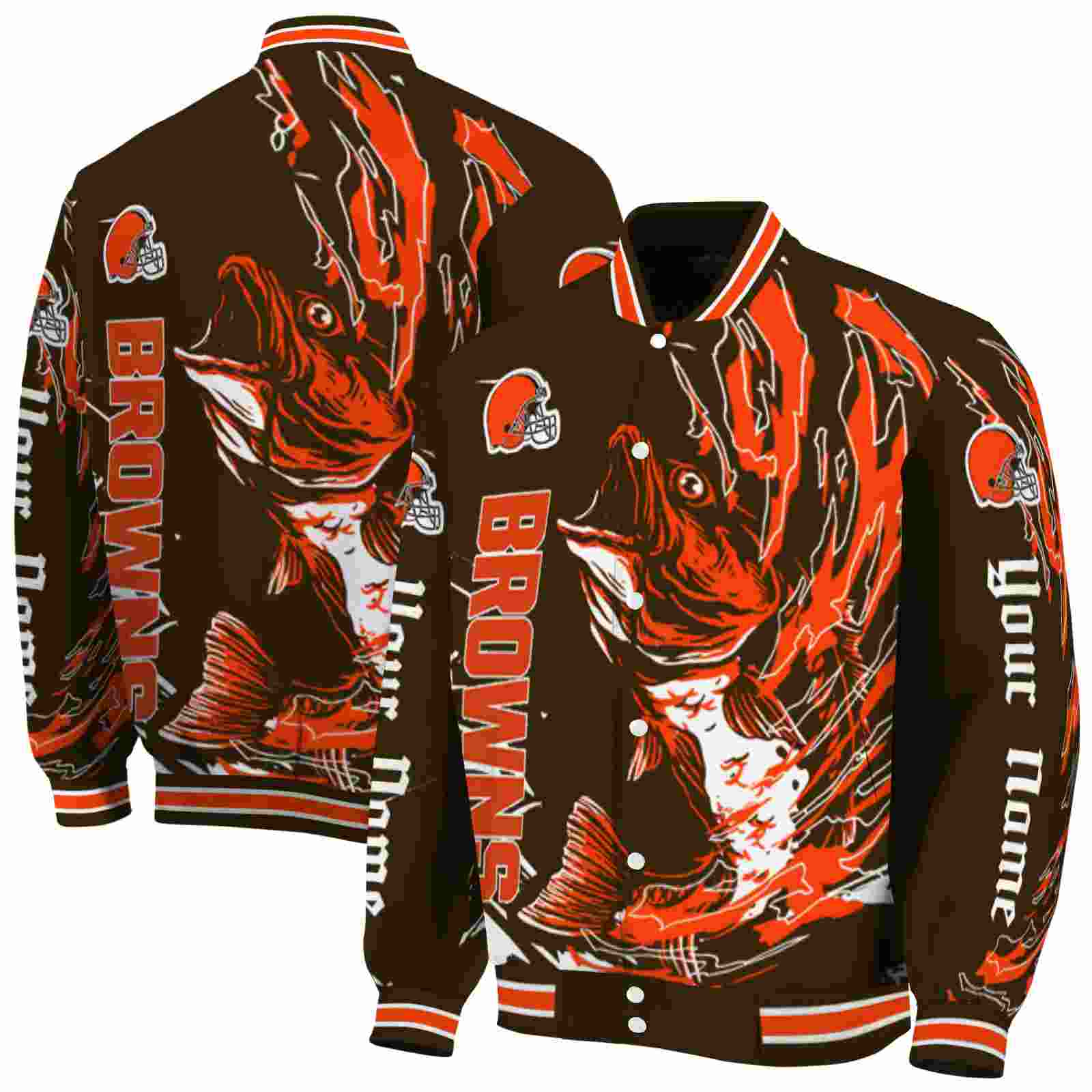 NFL Customized Cleveland Browns Fishing Passion Brown White Custom Baseball Jacket Sport Fans Gear