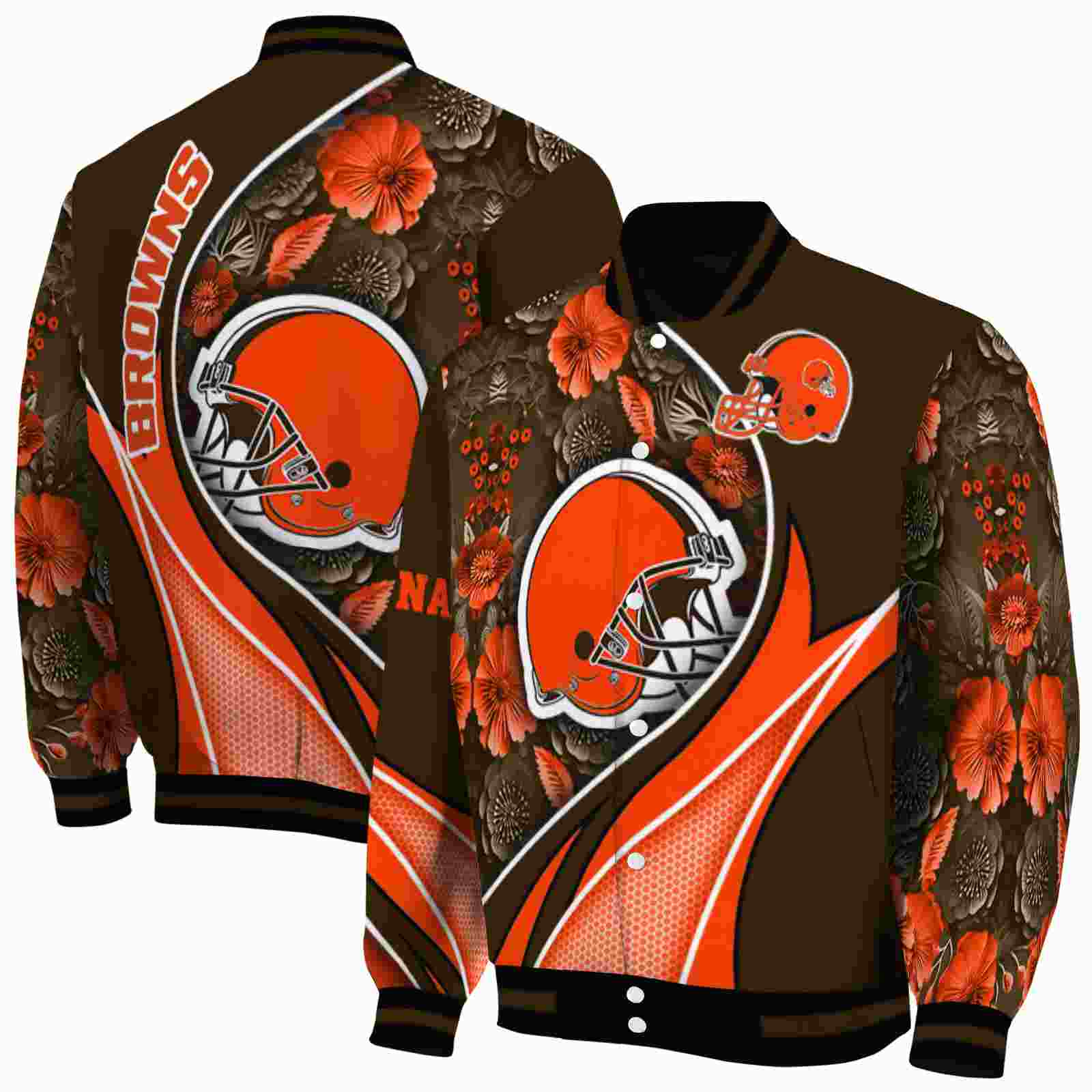 NFL Customized Cleveland Browns Floral Print Brown Custom Baseball Jacket Sport Fans Gear