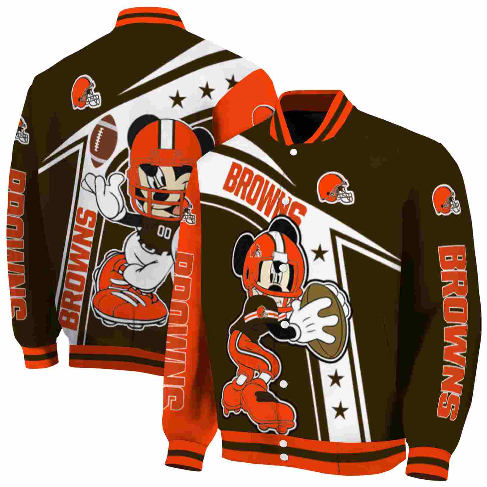 NFL Customized Cleveland Browns Mickey Football Brown White Custom Baseball Jacket Sport Fans Gear