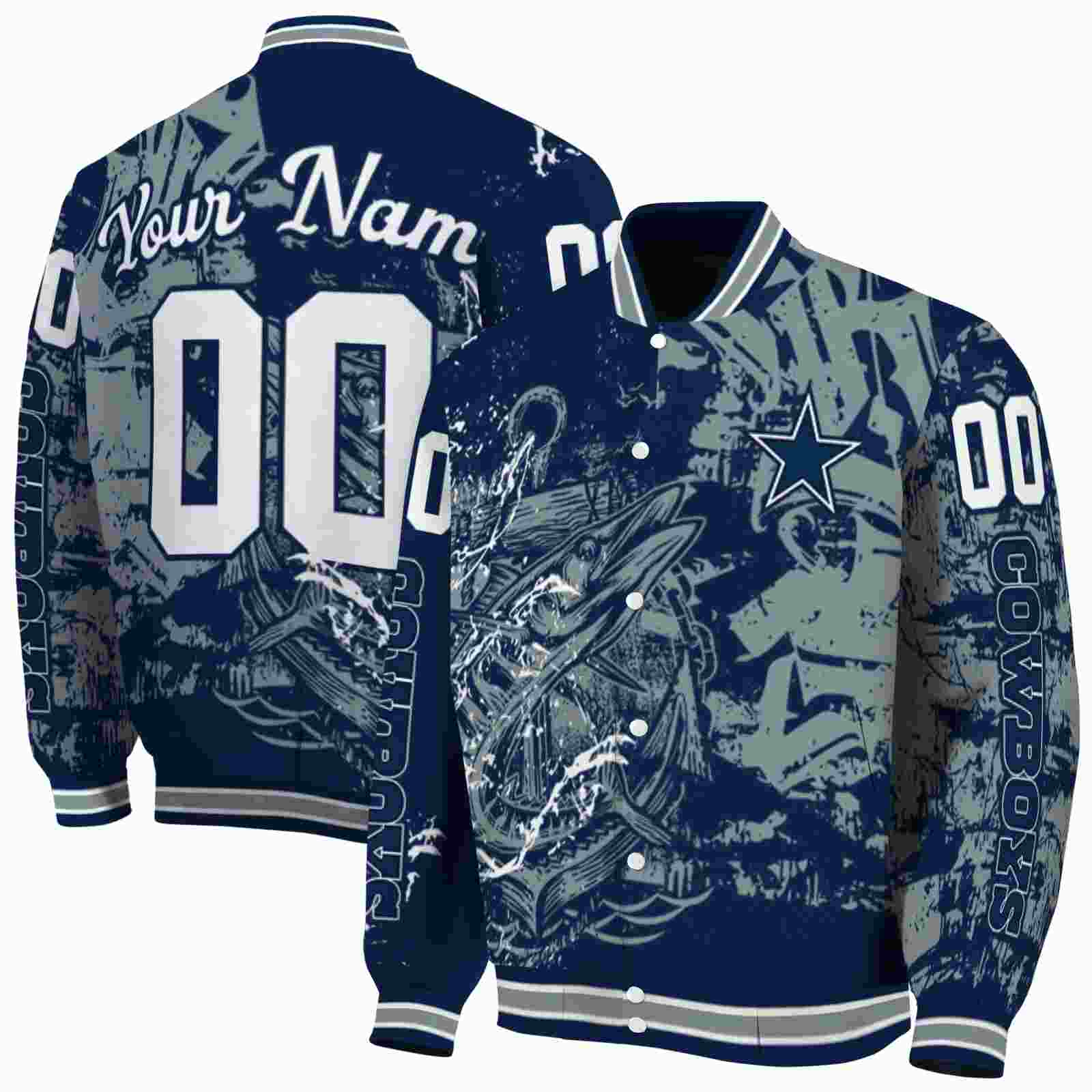 NFL Customized Dallas Cowboys Fishing Art Blue Custom Baseball Jacket Sport Fans Gear