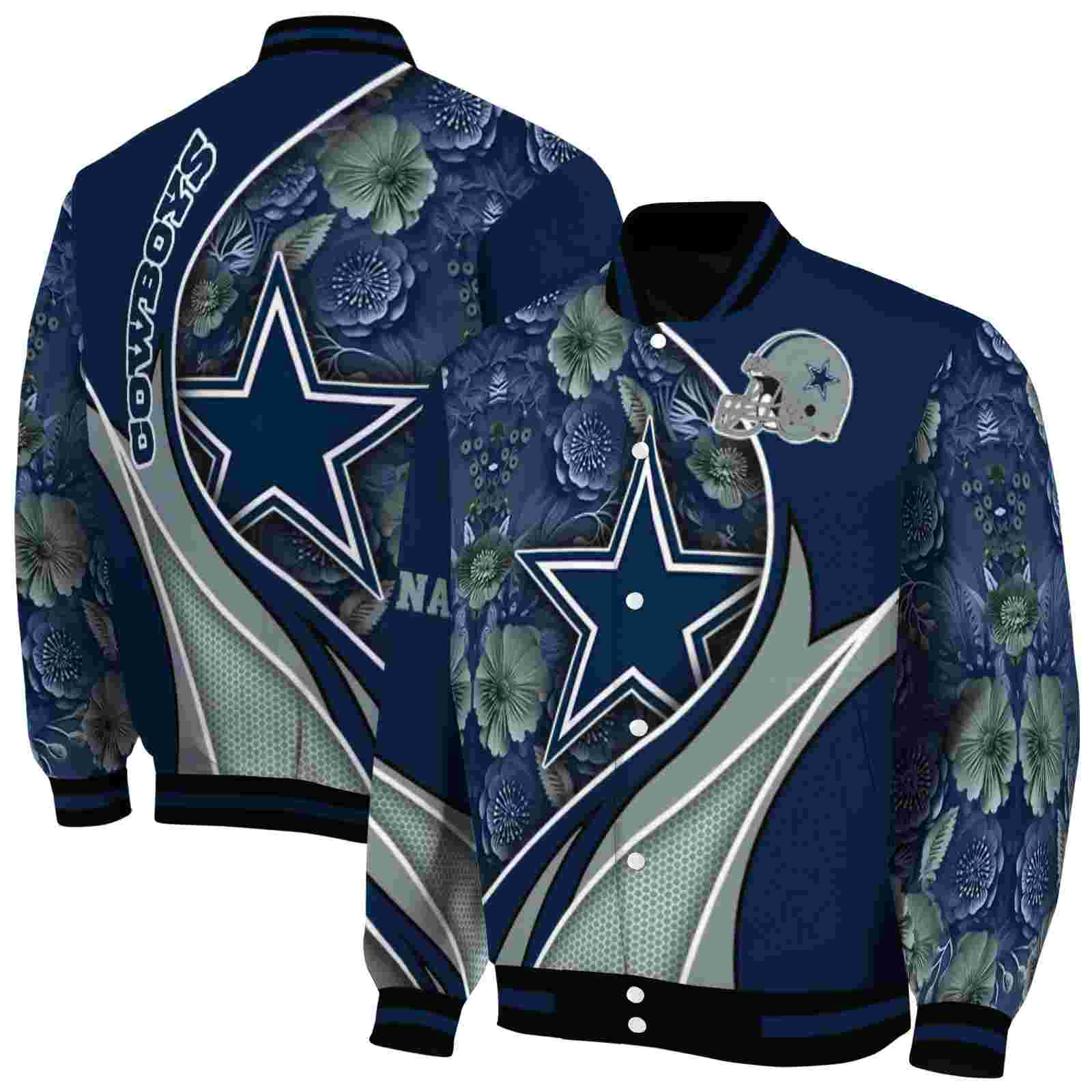 NFL Customized Dallas Cowboys Floral Print Blue Custom Baseball Jacket Sport Fans Gear