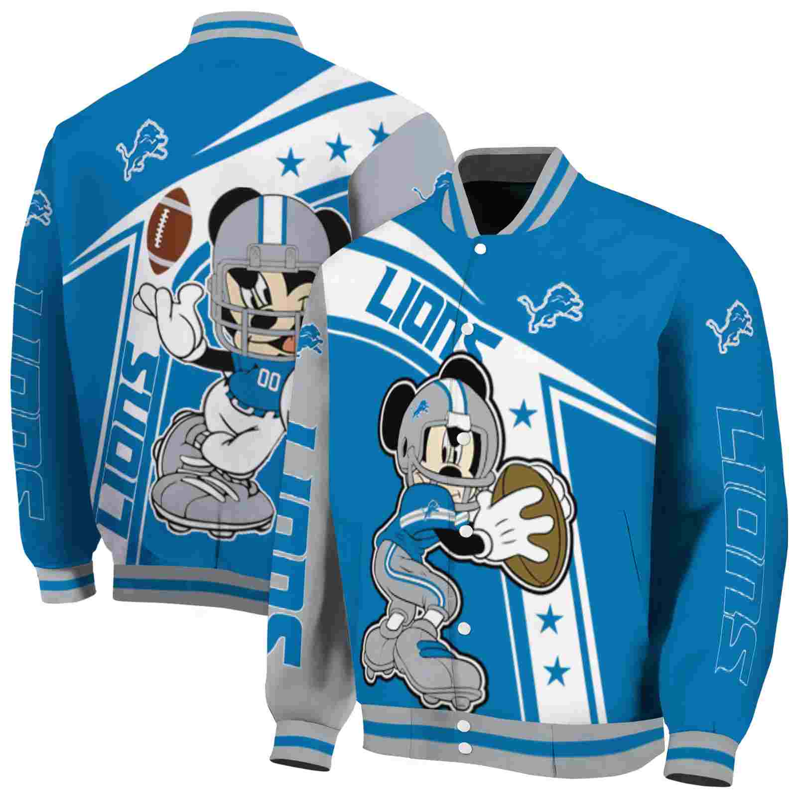 NFL Customized Detroit Lions Mickey Football Blue White Custom Baseball Jacket Sport Fans Gear