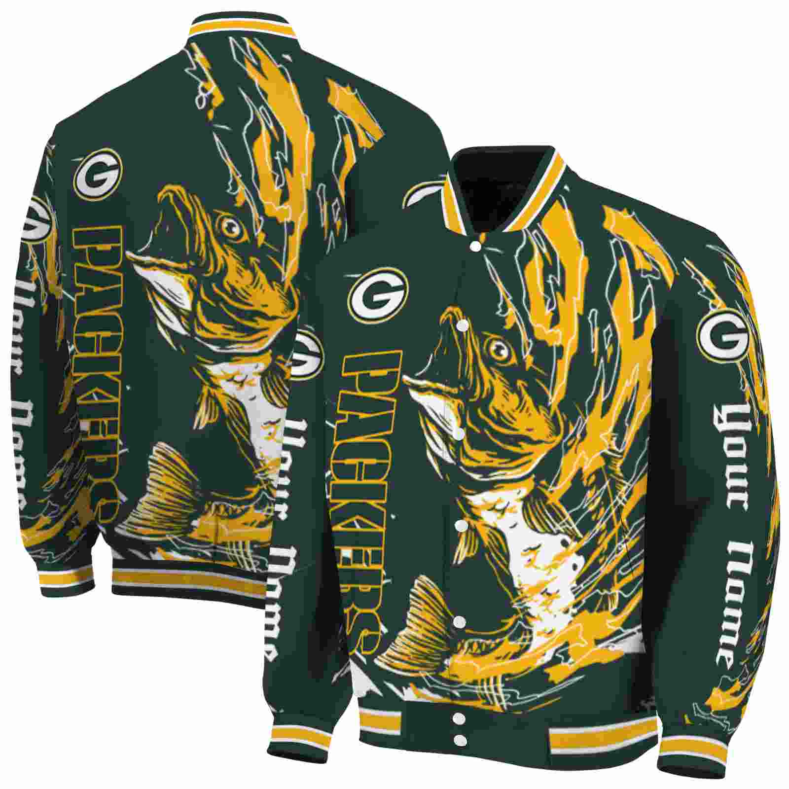 NFL Customized Green Bay Packers Fishing Passion Green White Custom Baseball Jacket Sport Fans Gear