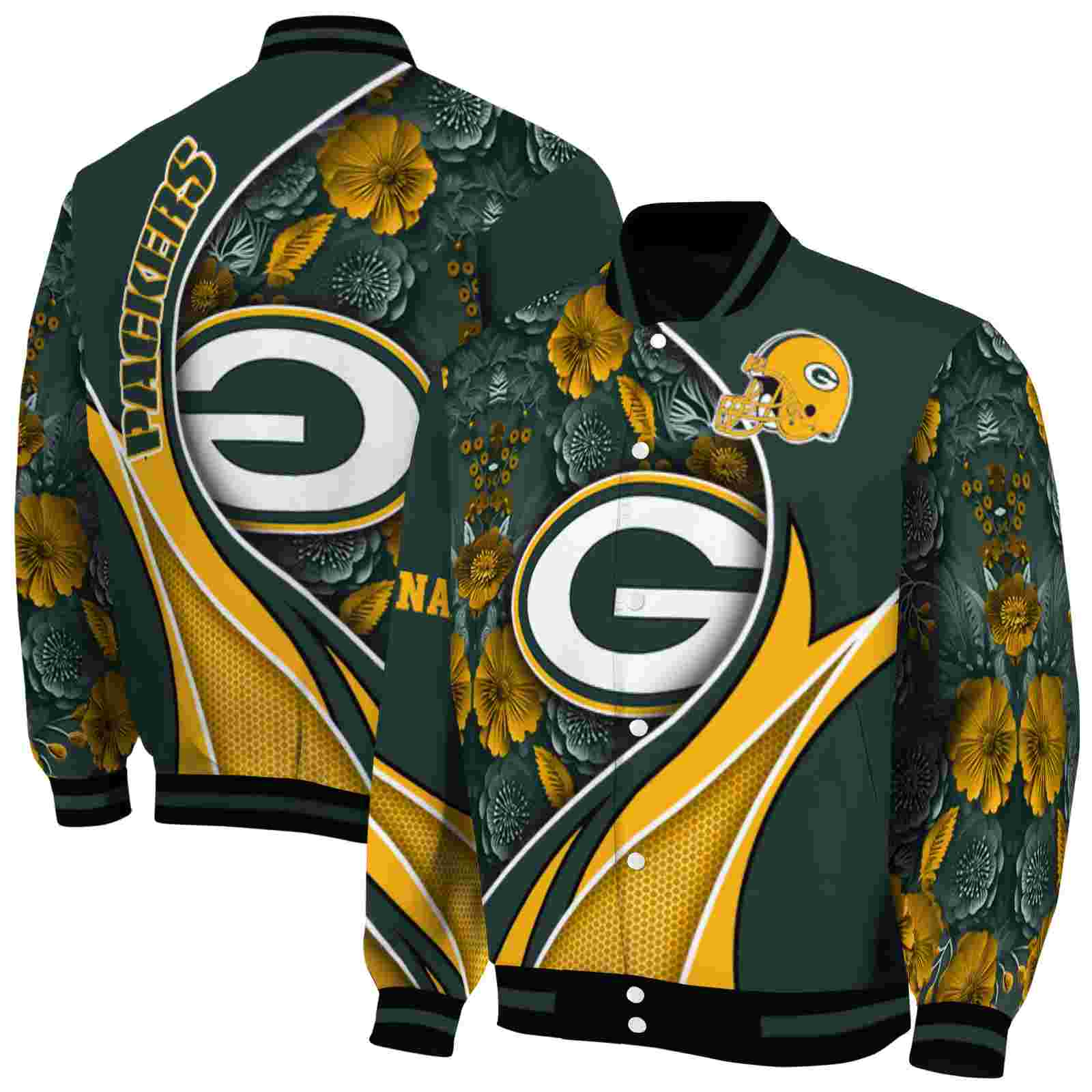 NFL Customized Green Bay Packers Floral Print Green Custom Baseball Jacket Sport Fans Gear
