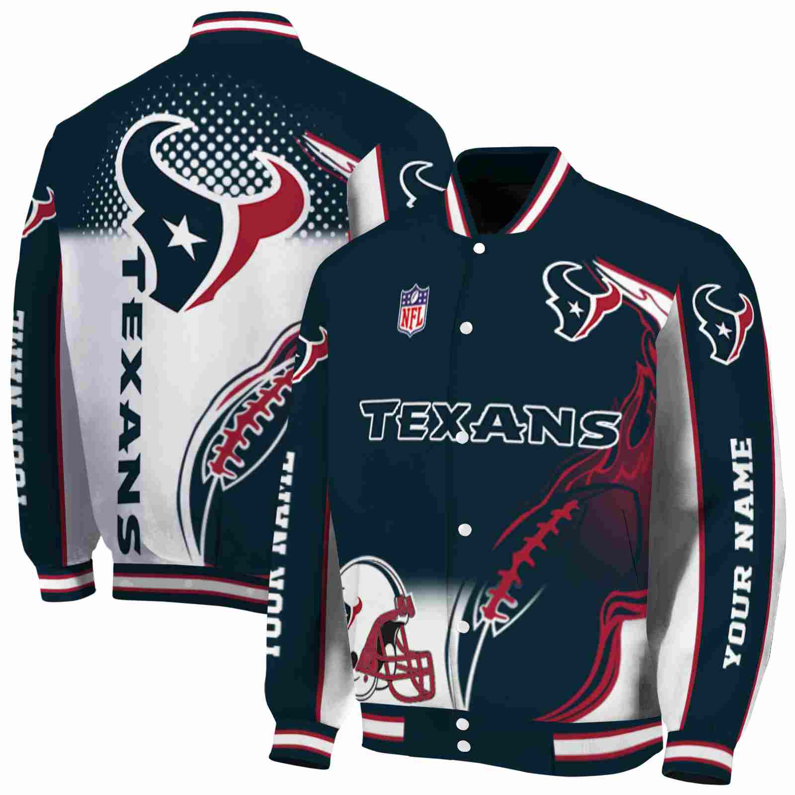 NFL Customized Houston Texans Flaming Football Blue White Custom Baseball Jacket Sport Fans Gear