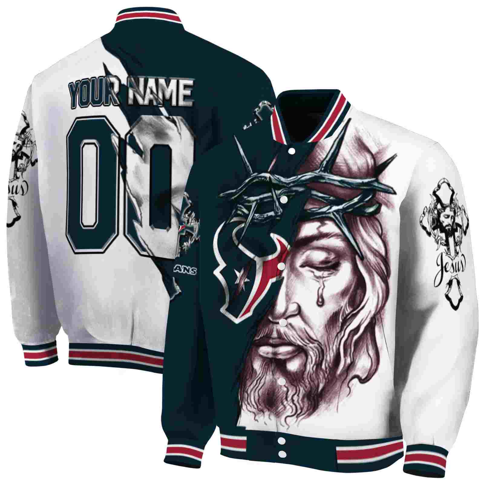 NFL Customized Houston Texans Jesus Tears Blue White Custom Baseball Jacket Sport Fans Gear