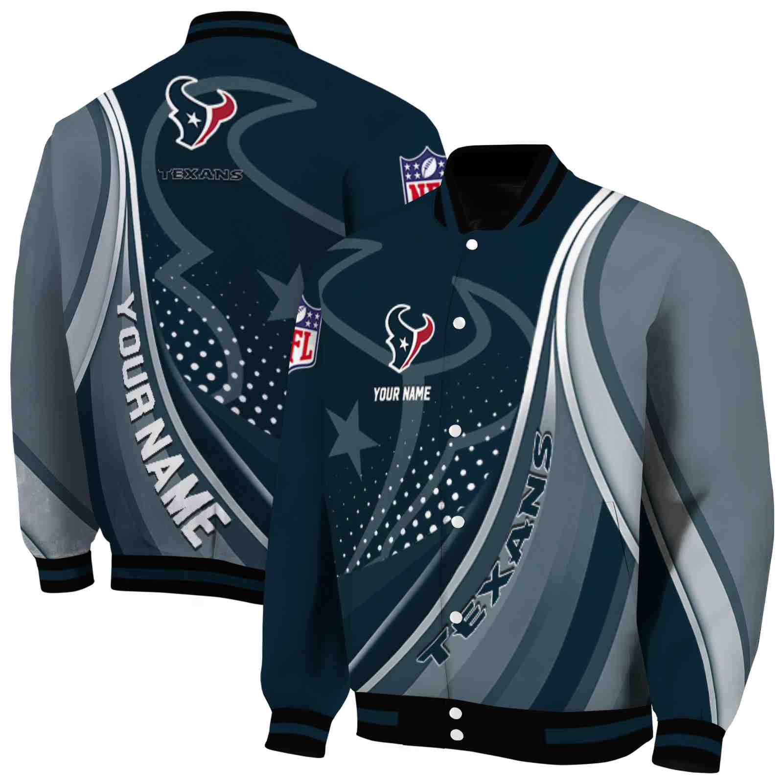 NFL Customized Houston Texans Wave Patterns Blue Custom Baseball Jacket Sport Fans Gear
