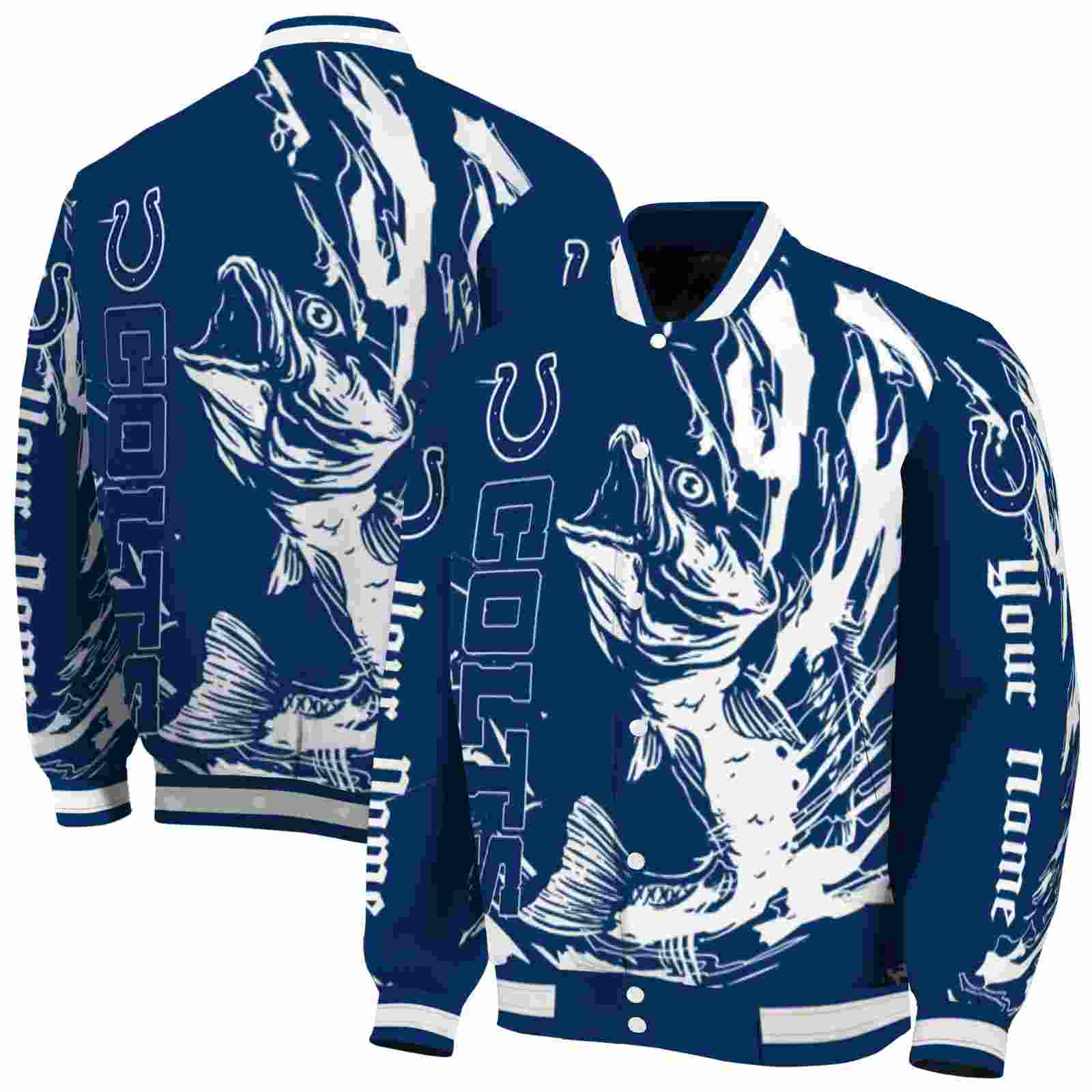 NFL Customized Indianapolis Colts Fishing Passion Blue White Custom Baseball Jacket Sport Fans Gear