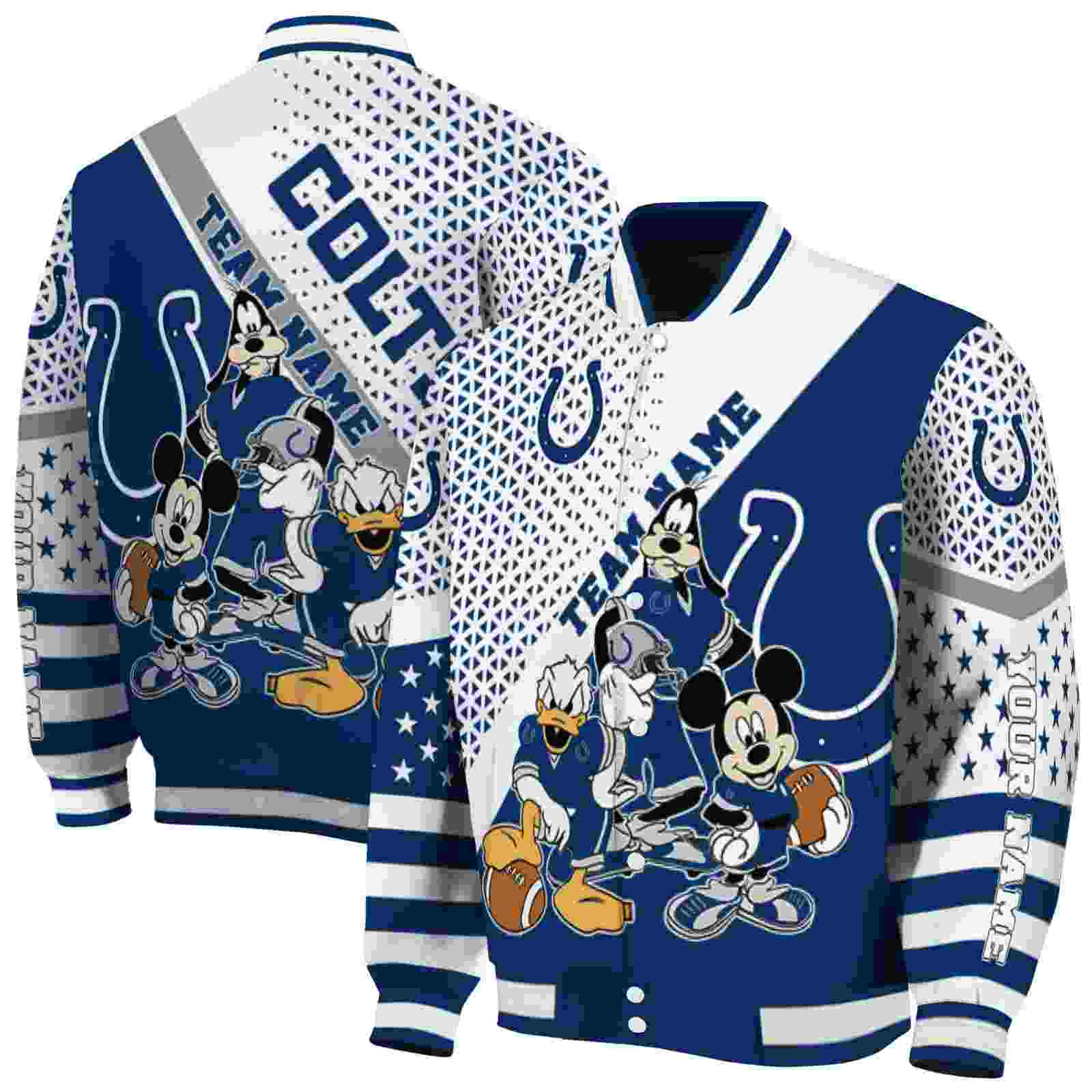 NFL Customized Indianapolis Colts Mickey Donald Goofy Blue White Custom Baseball Jacket Sport Fans Gear