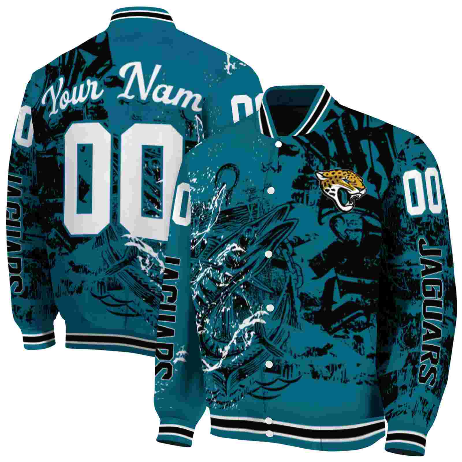 NFL Customized Jacksonville Jaguars Fishing Art Teal Custom Baseball Jacket Sport Fans Gear