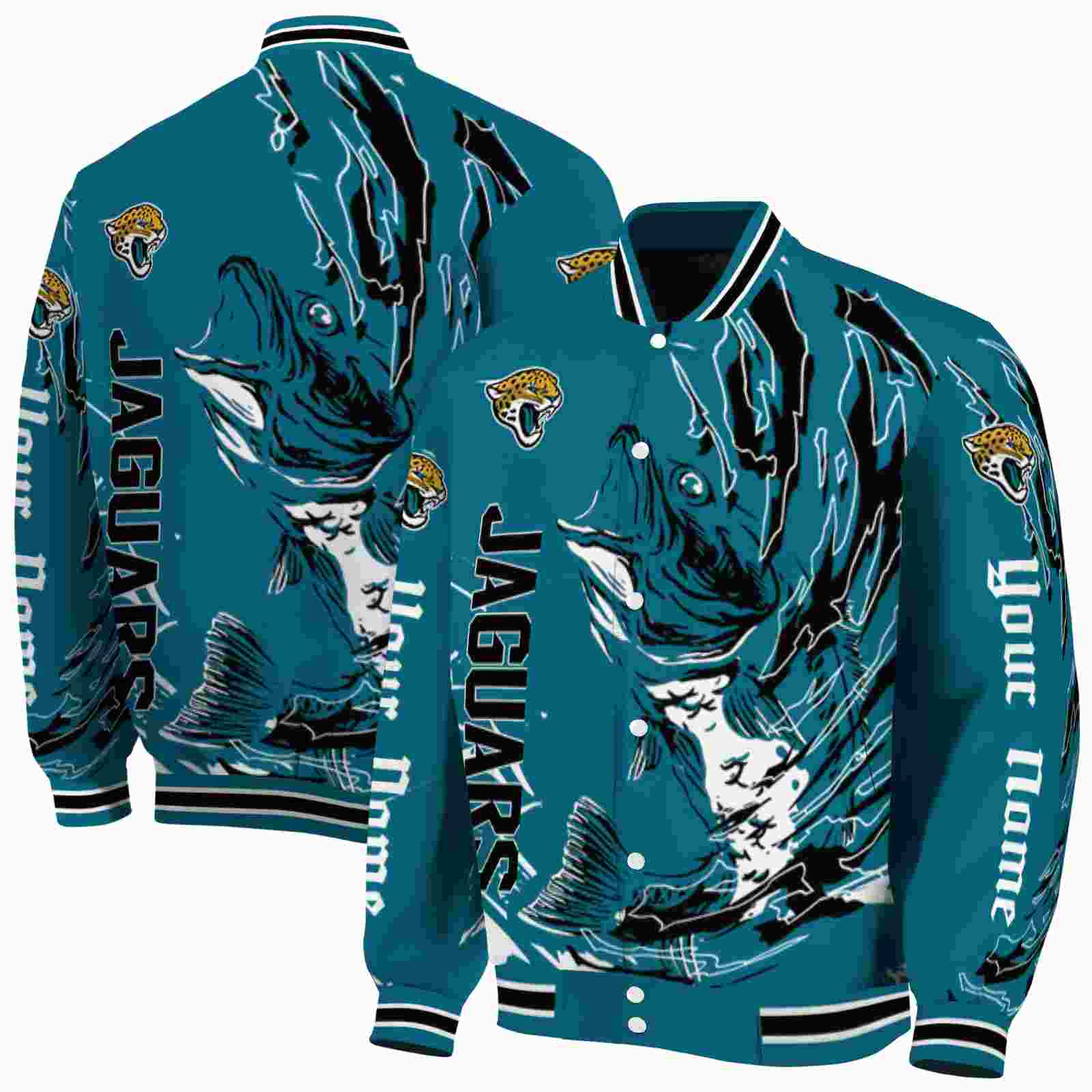 NFL Customized Jacksonville Jaguars Fishing Passion Teal White Custom Baseball Jacket Sport Fans Gear