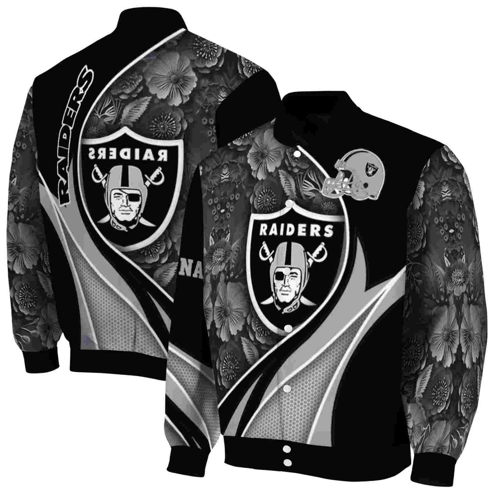 NFL Customized Las Vegas Raiders Floral Print Black Custom Baseball Jacket Sport Fans Gear