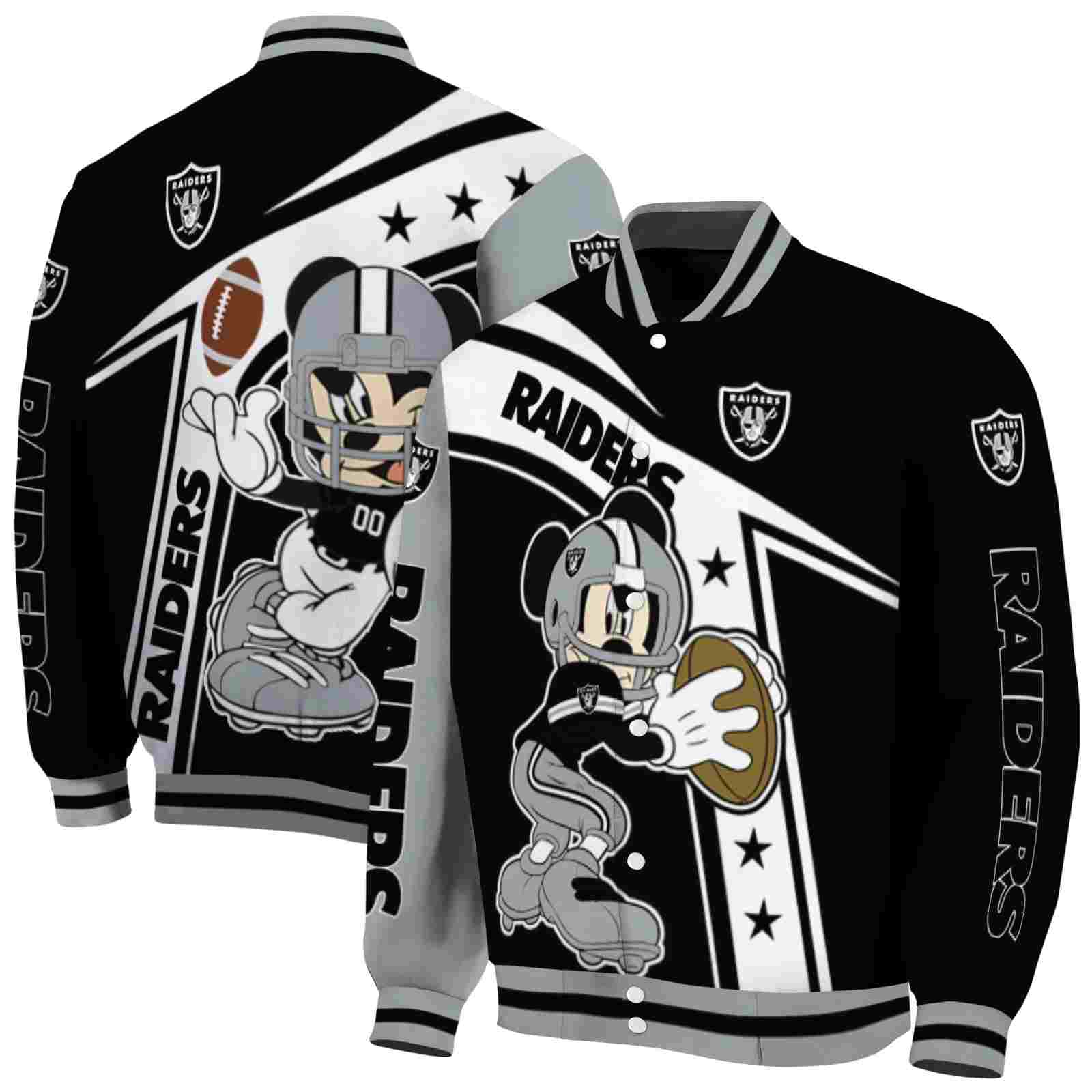 NFL Customized Las Vegas Raiders Mickey Football Black White Custom Baseball Jacket Sport Fans Gear