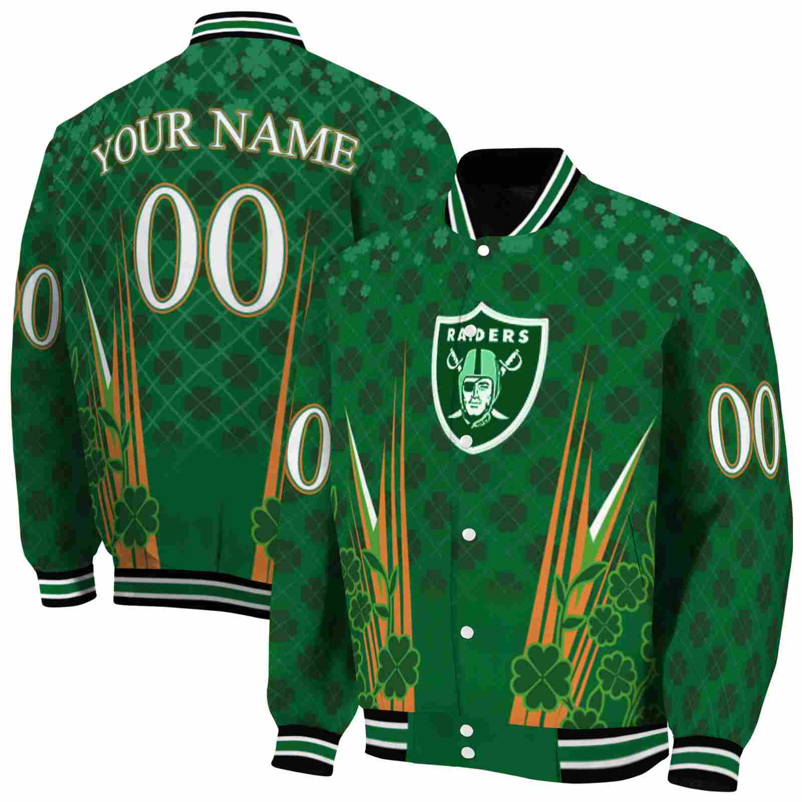 NFL Customized Las Vegas Raiders Shamrock Pattern Green Custom Baseball Jacket Sport Fans Gear