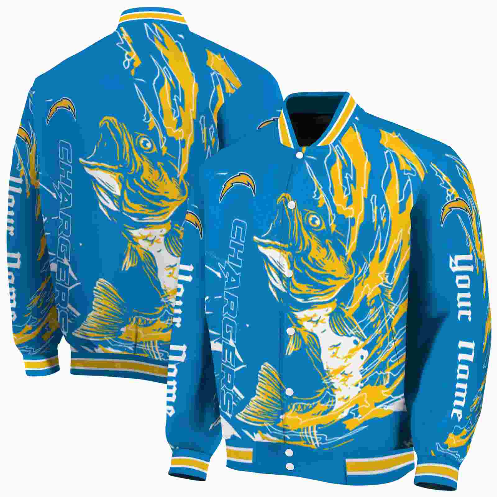 NFL Customized Los Angeles Chargers Fishing Passion Blue White Custom Baseball Jacket Sport Fans Gear