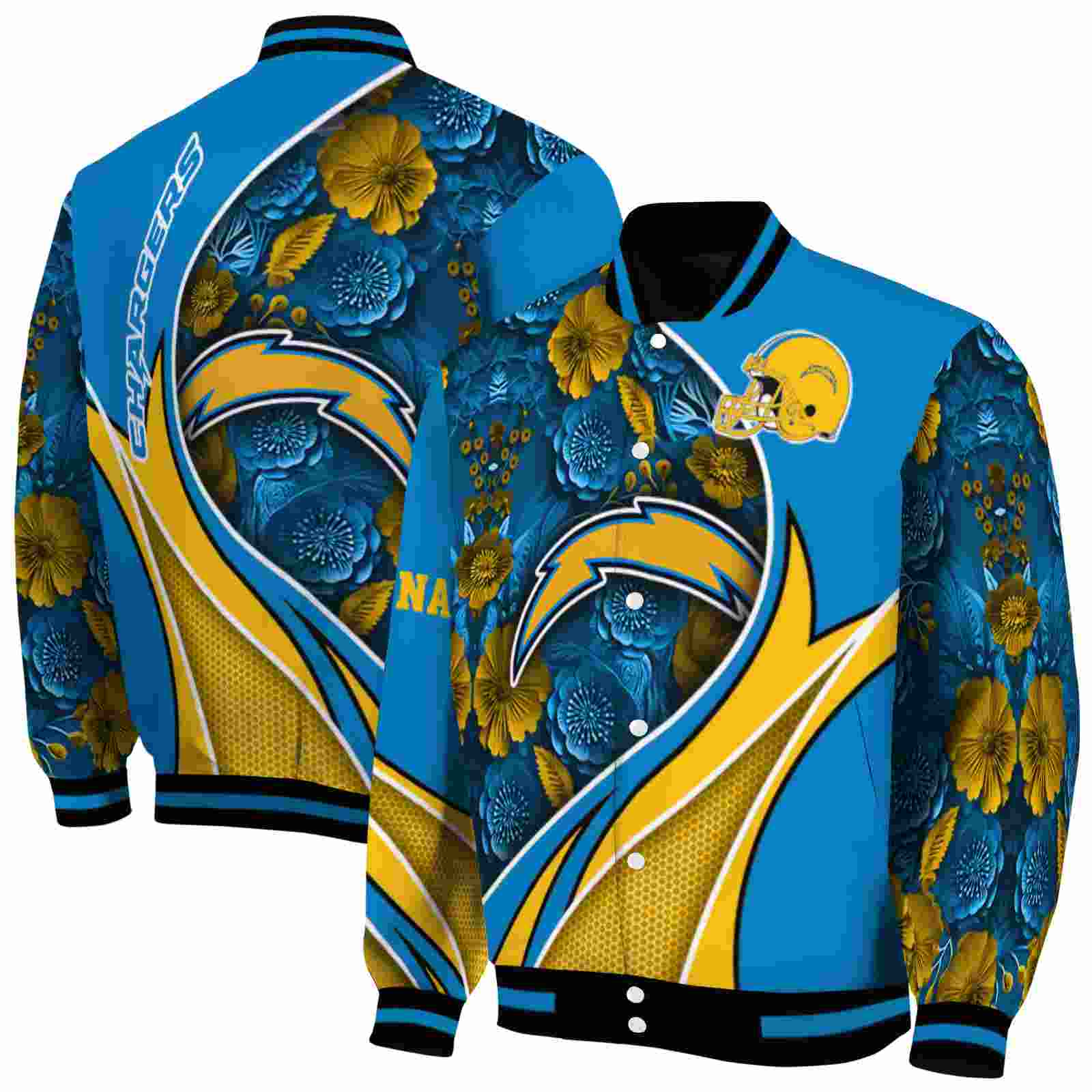NFL Customized Los Angeles Chargers Floral Print Blue Custom Baseball Jacket Sport Fans Gear