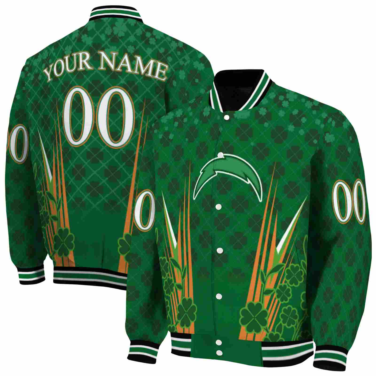 NFL Customized Los Angeles Chargers Shamrock Pattern Green Custom Baseball Jacket Sport Fans Gear