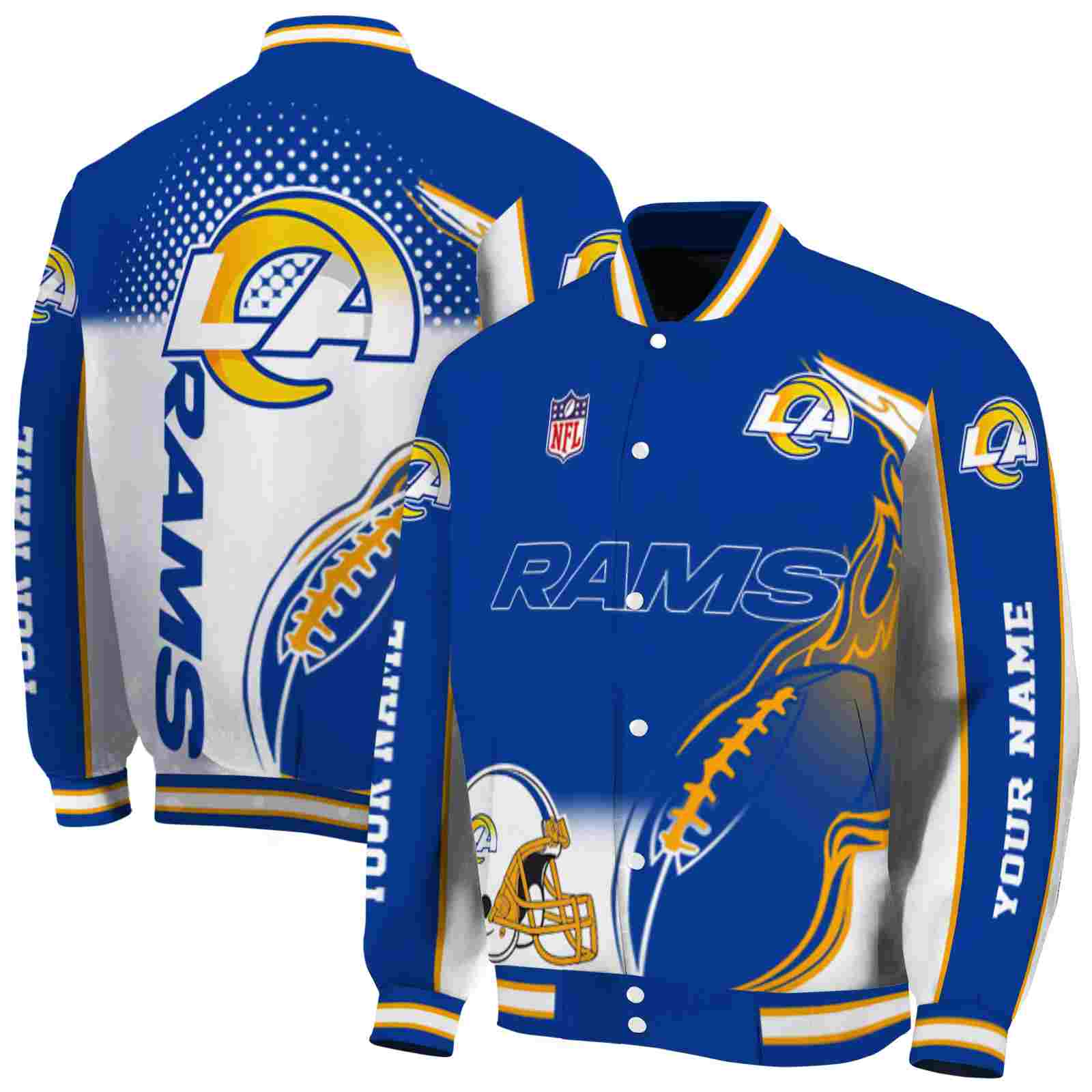 NFL Customized Los Angeles Rams Flaming Football Blue White Custom Baseball Jacket Sport Fans Gear