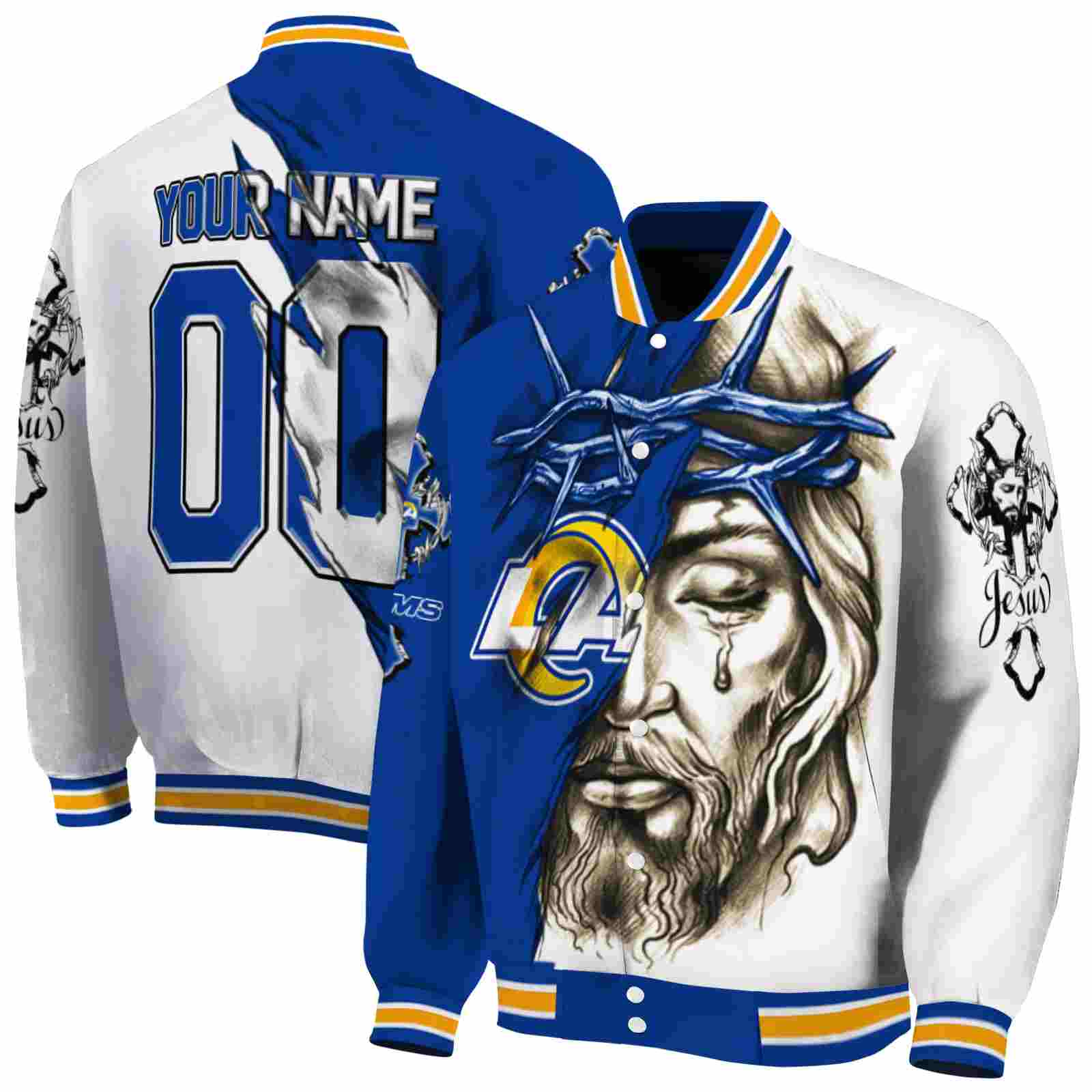 NFL Customized Los Angeles Rams Jesus Tears Blue White Custom Baseball Jacket Sport Fans Gear