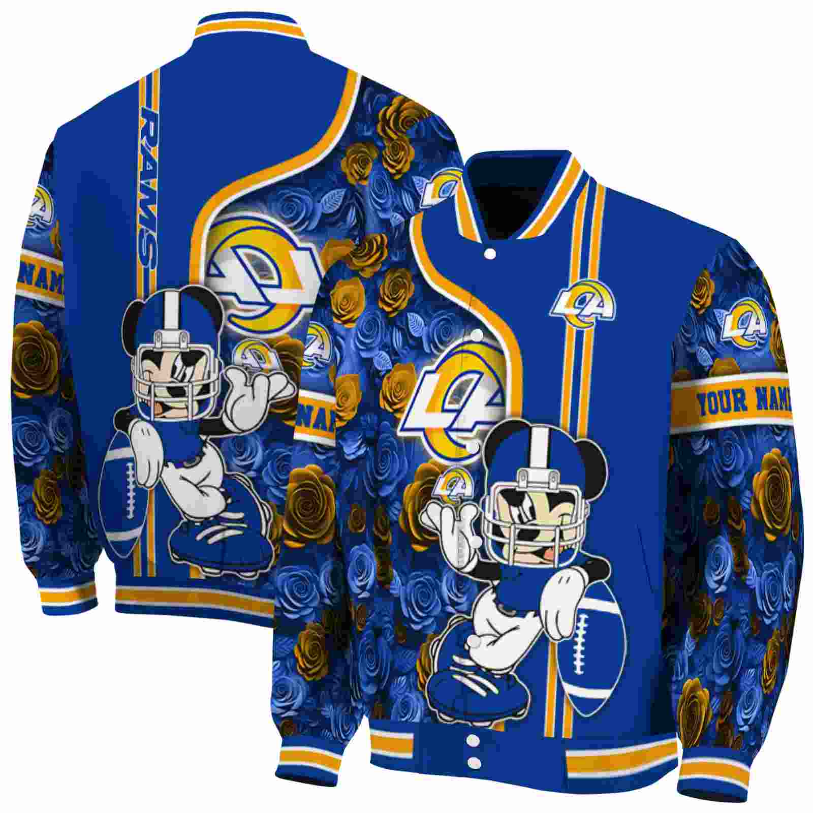 NFL Customized Los Angeles Rams Rose Mickey Blue Custom Baseball Jacket Sport Fans Gear