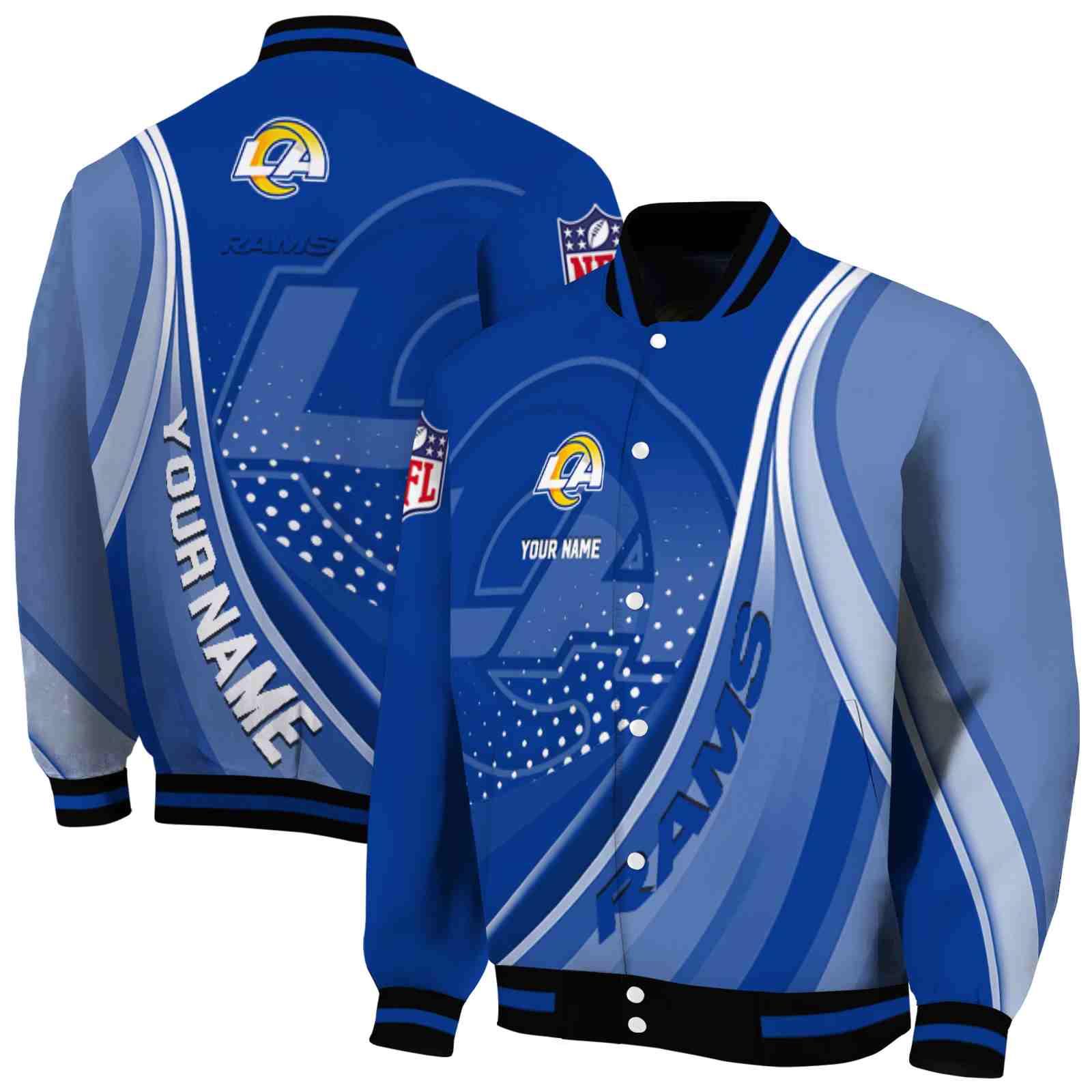 NFL Customized Los Angeles Rams Wave Patterns Blue Custom Baseball Jacket Sport Fans Gear