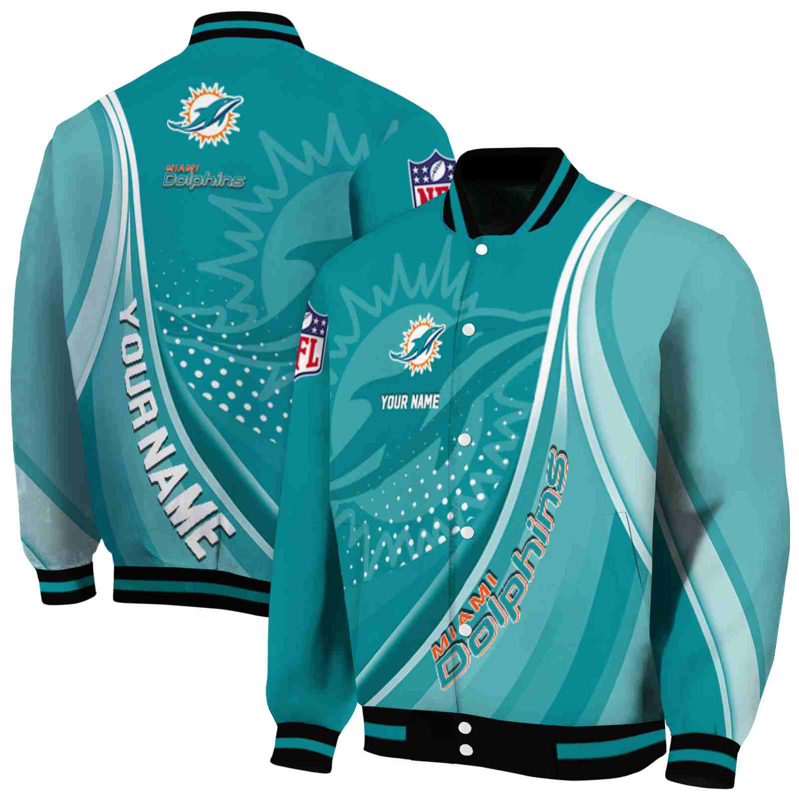 NFL Customized Miami Dolphins Wave Patterns Aqua Custom Baseball Jacket Sport Fans Gear