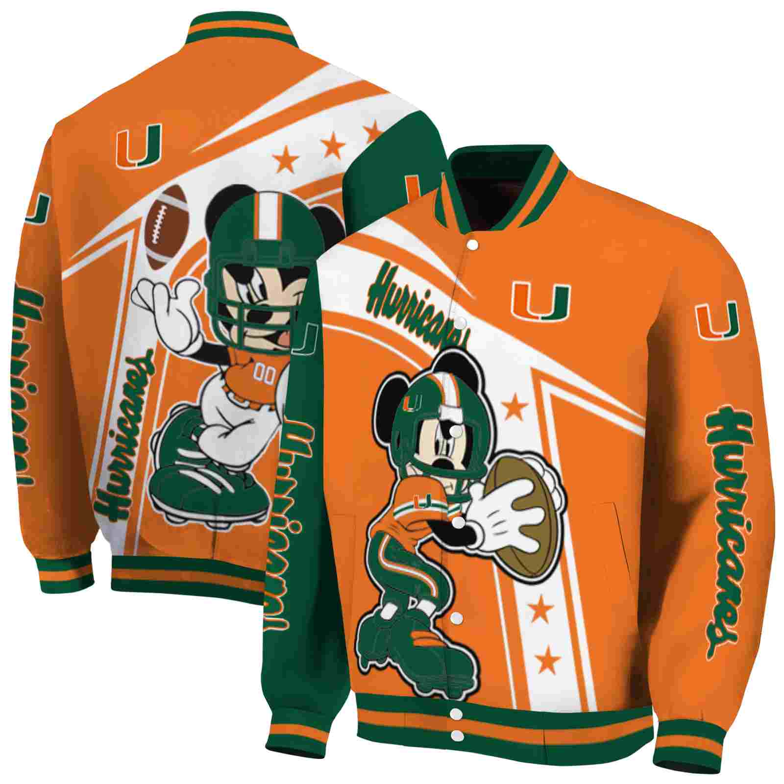 NFL Customized Miami Hurricanes Mickey Football Orange White Custom Baseball Jacket Sport Fans Gear