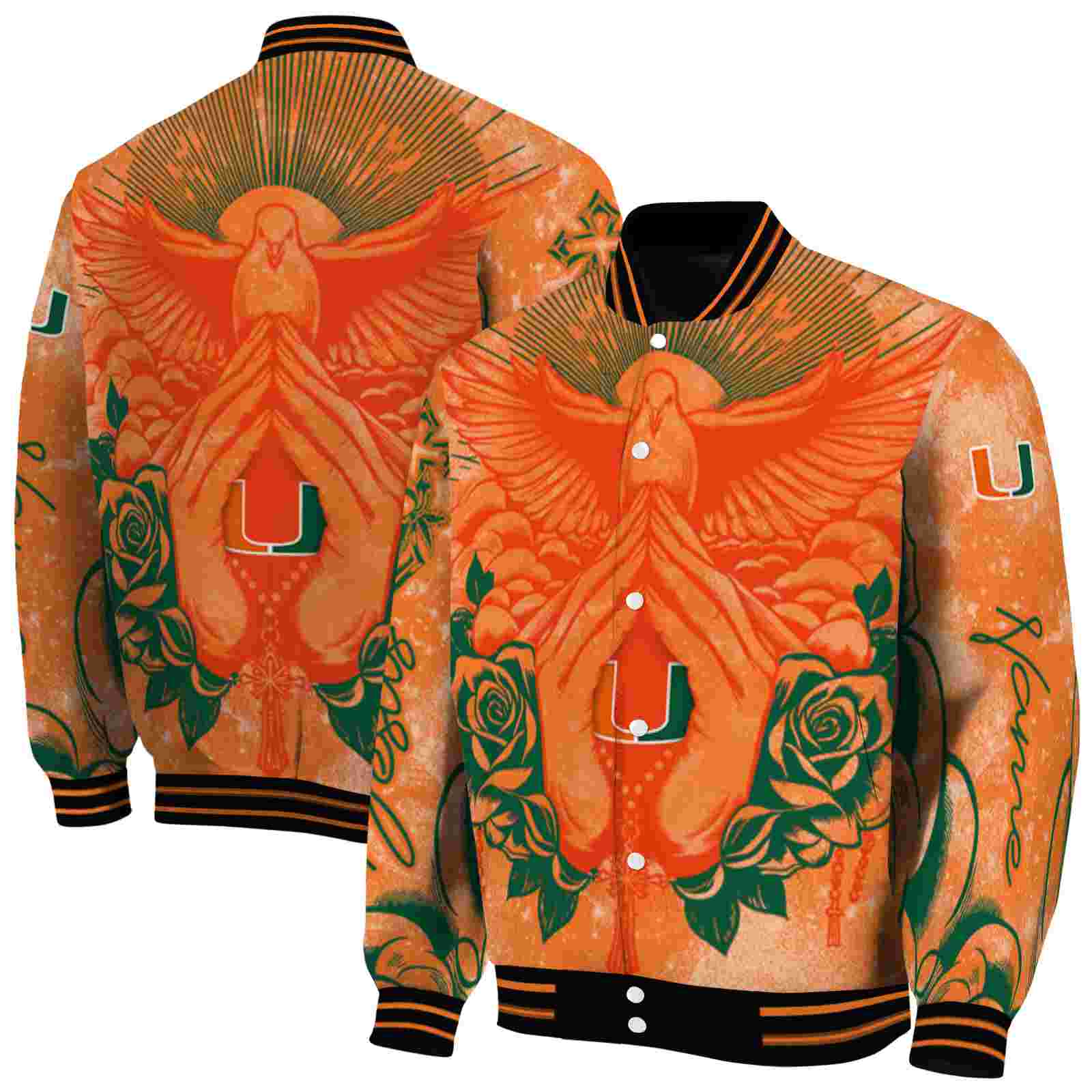 NFL Customized Miami Hurricanes Praying Hands Orange Custom Baseball Jacket Sport Fans Gear