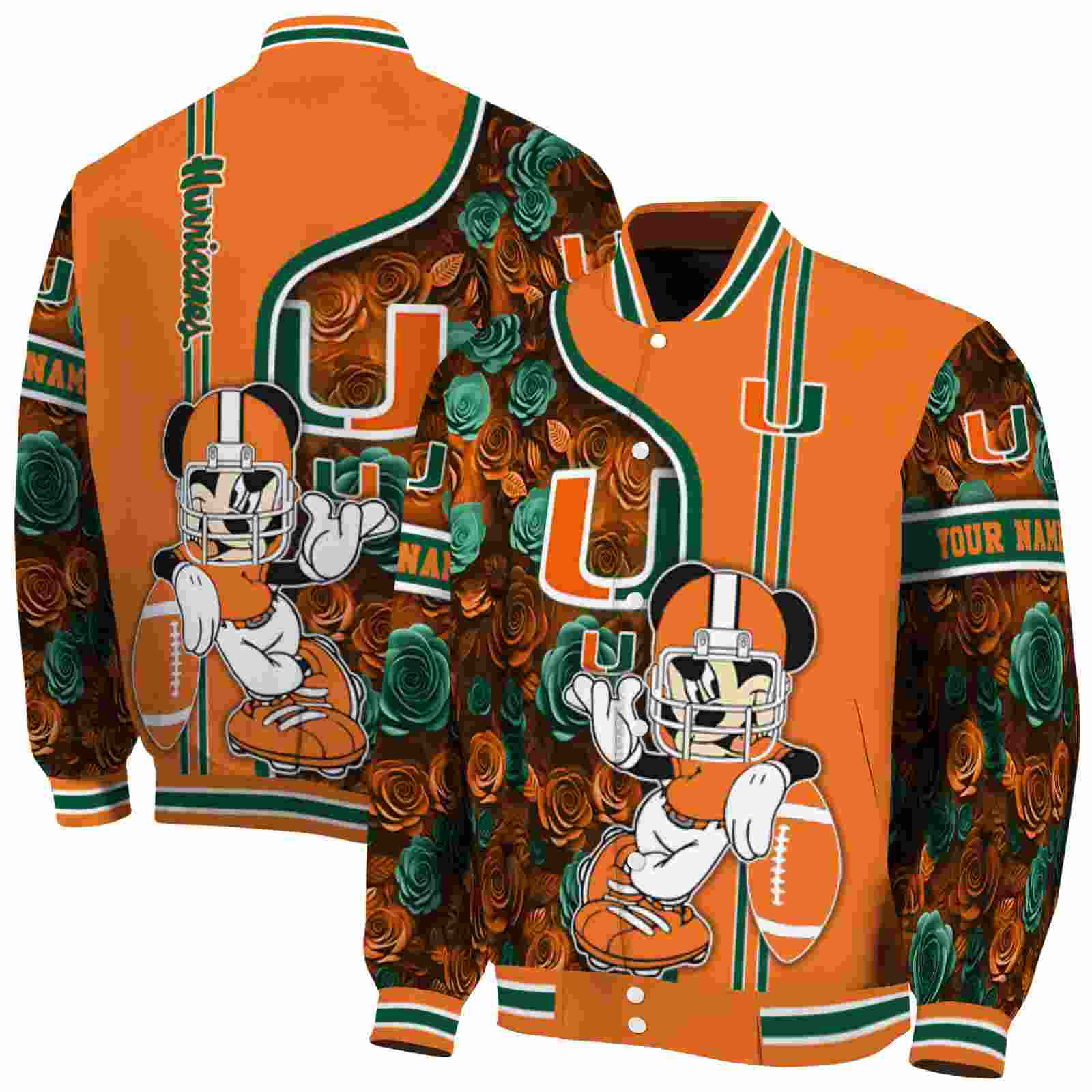 NFL Customized Miami Hurricanes Rose Mickey Orange Custom Baseball Jacket Sport Fans Gear