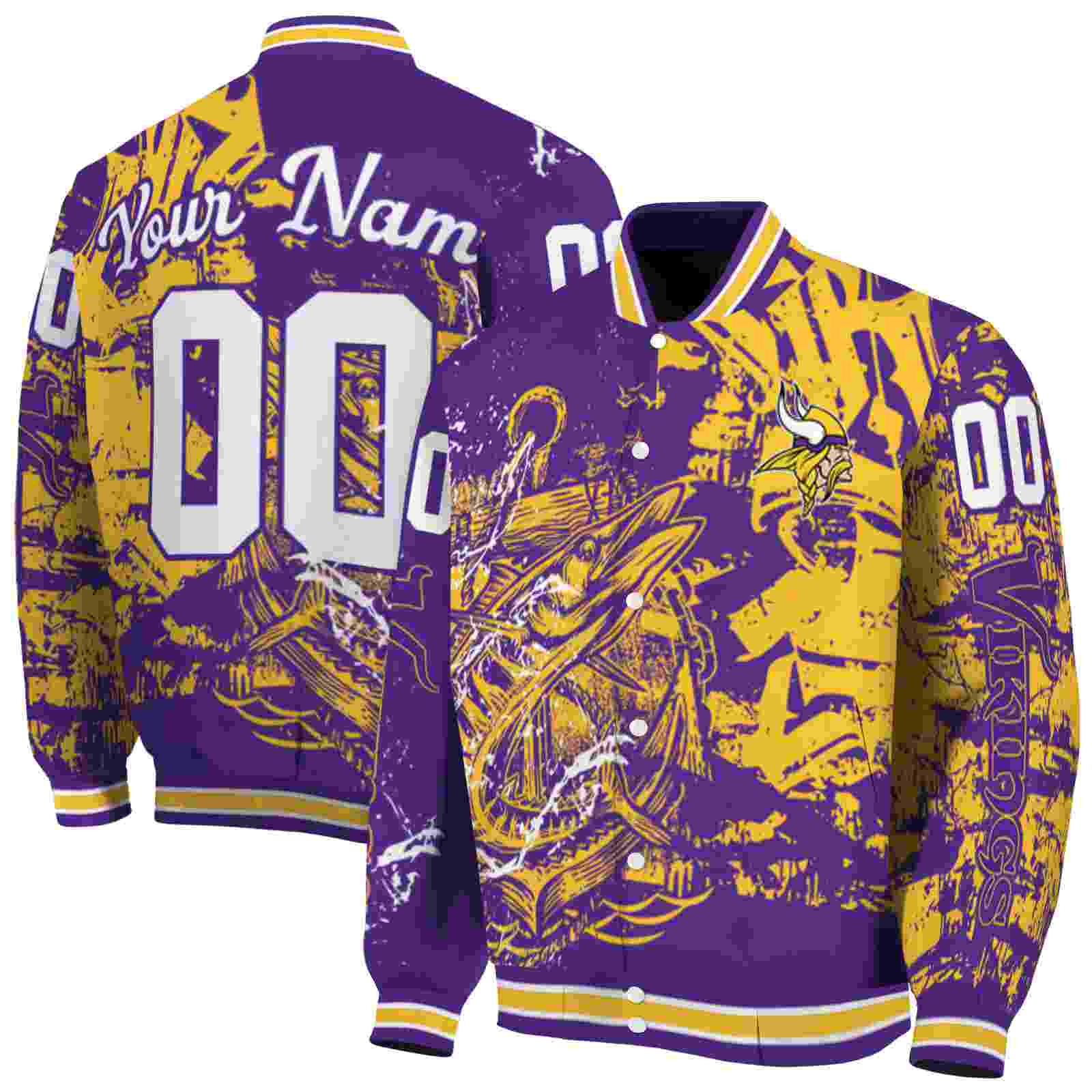 NFL Customized Minnesota Vikings Fishing Art Purple Custom Baseball Jacket Sport Fans Gear