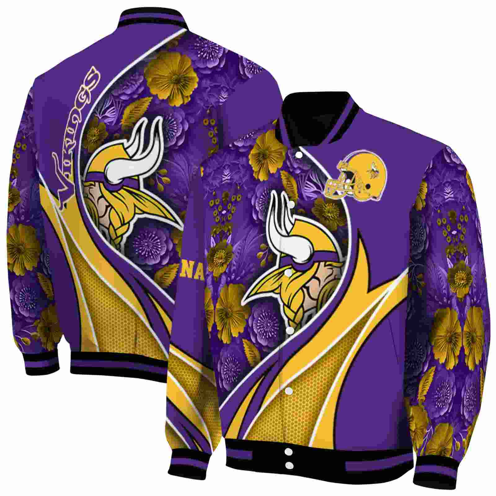 NFL Customized Minnesota Vikings Floral Print Purple Custom Baseball Jacket Sport Fans Gear