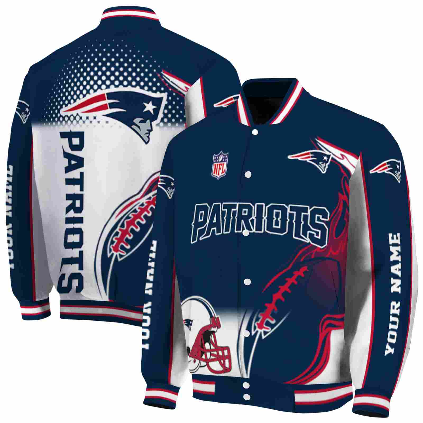 NFL Customized New England Patriots Flaming Football Blue White Custom Baseball Jacket Sport Fans Gear
