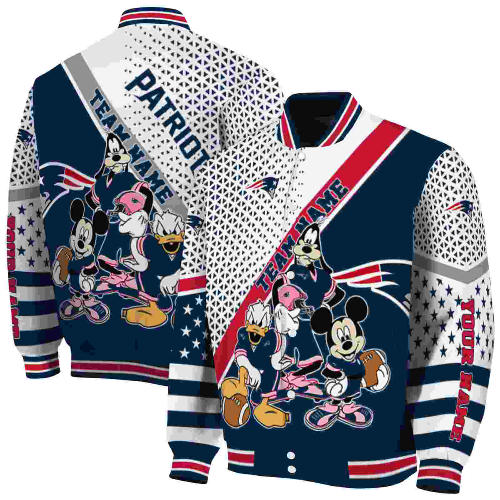 NFL Customized New England Patriots Mickey Donald Goofy Blue White Custom Baseball Jacket Sport Fans Gear