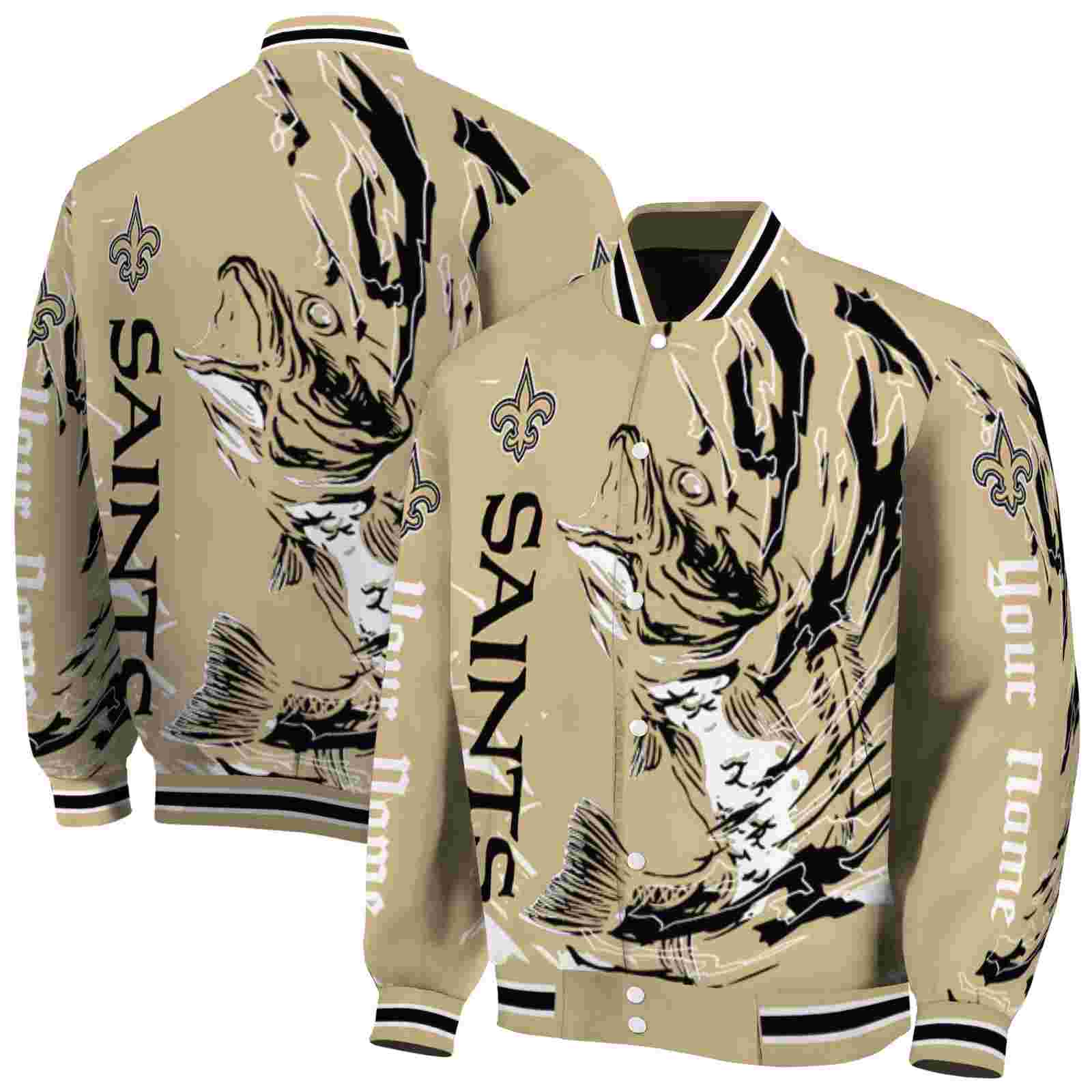 NFL Customized New Orleans Saints Fishing Passion Gold White Custom Baseball Jacket Sport Fans Gear