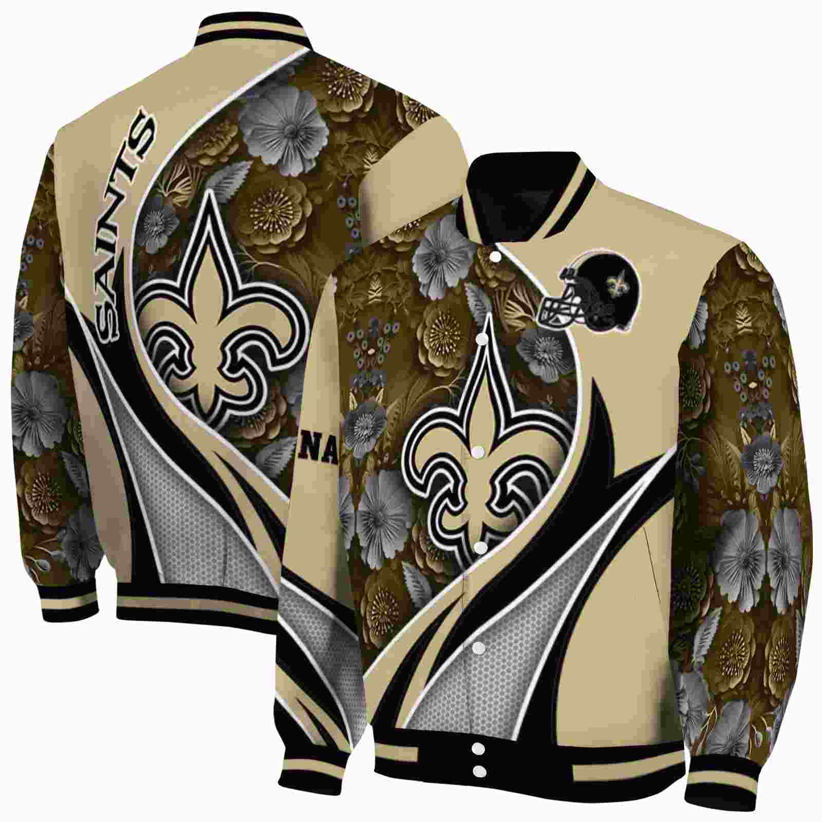 NFL Customized New Orleans Saints Floral Print Gold Custom Baseball Jacket Sport Fans Gear