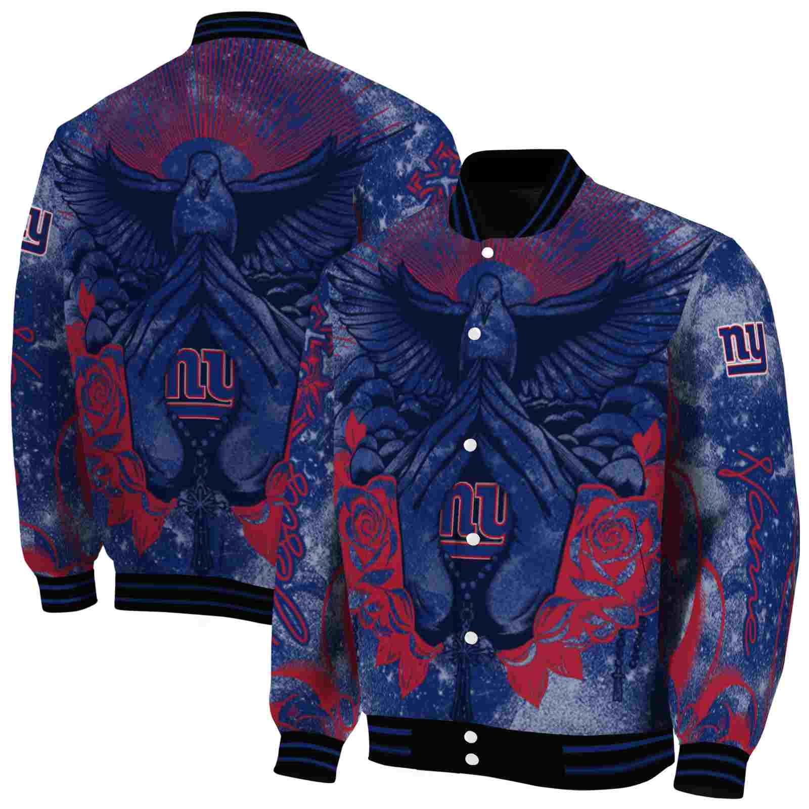 NFL Customized New York Giants Praying Hands Blue Custom Baseball Jacket Sport Fans Gear