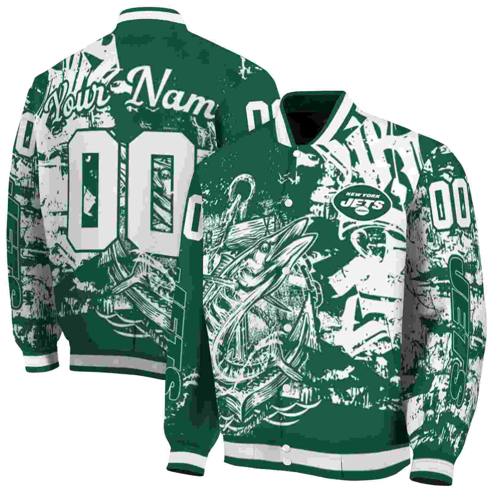 NFL Customized New York Jets Fishing Art Green Custom Baseball Jacket Sport Fans Gear