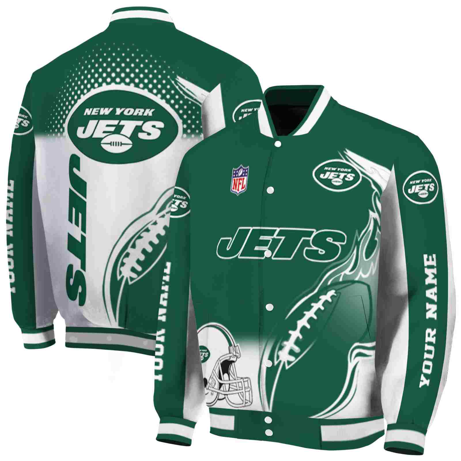 NFL Customized New York Jets Flaming Football Green White Custom Baseball Jacket Sport Fans Gear