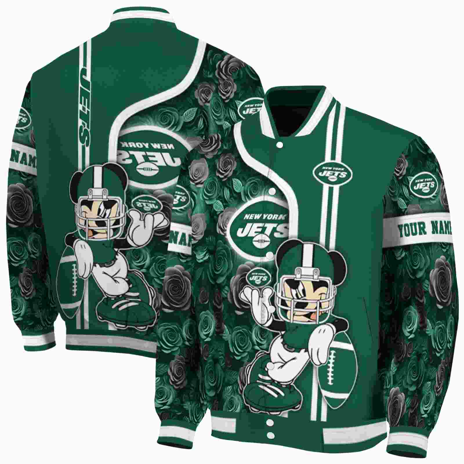 NFL Customized New York Jets Rose Mickey Green Custom Baseball Jacket Sport Fans Gear