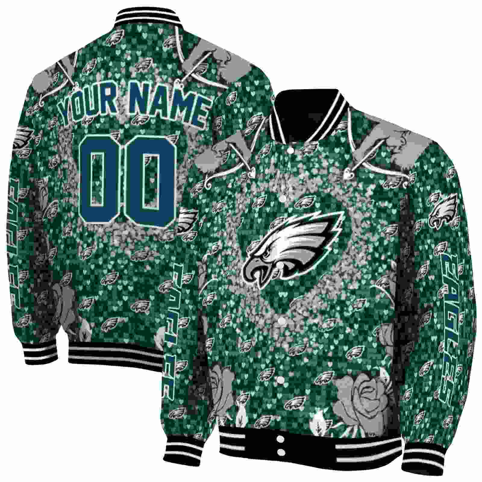 NFL Customized Philadelphia Eagles Heart Explosion Green Custom Baseball Jacket Sport Fans Gear