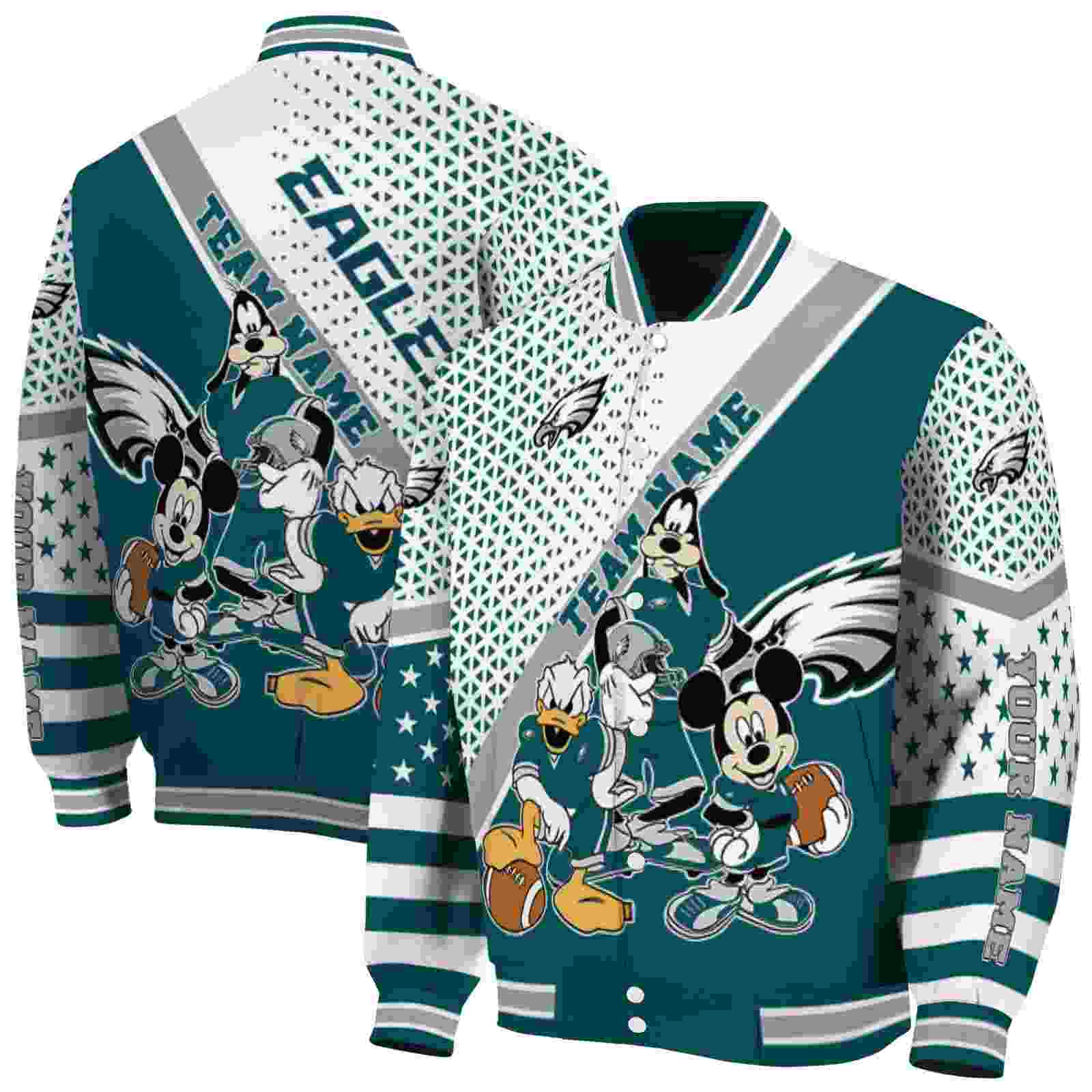 NFL Customized Philadelphia Eagles Mickey Donald Goofy Green White Custom Baseball Jacket Sport Fans Gear